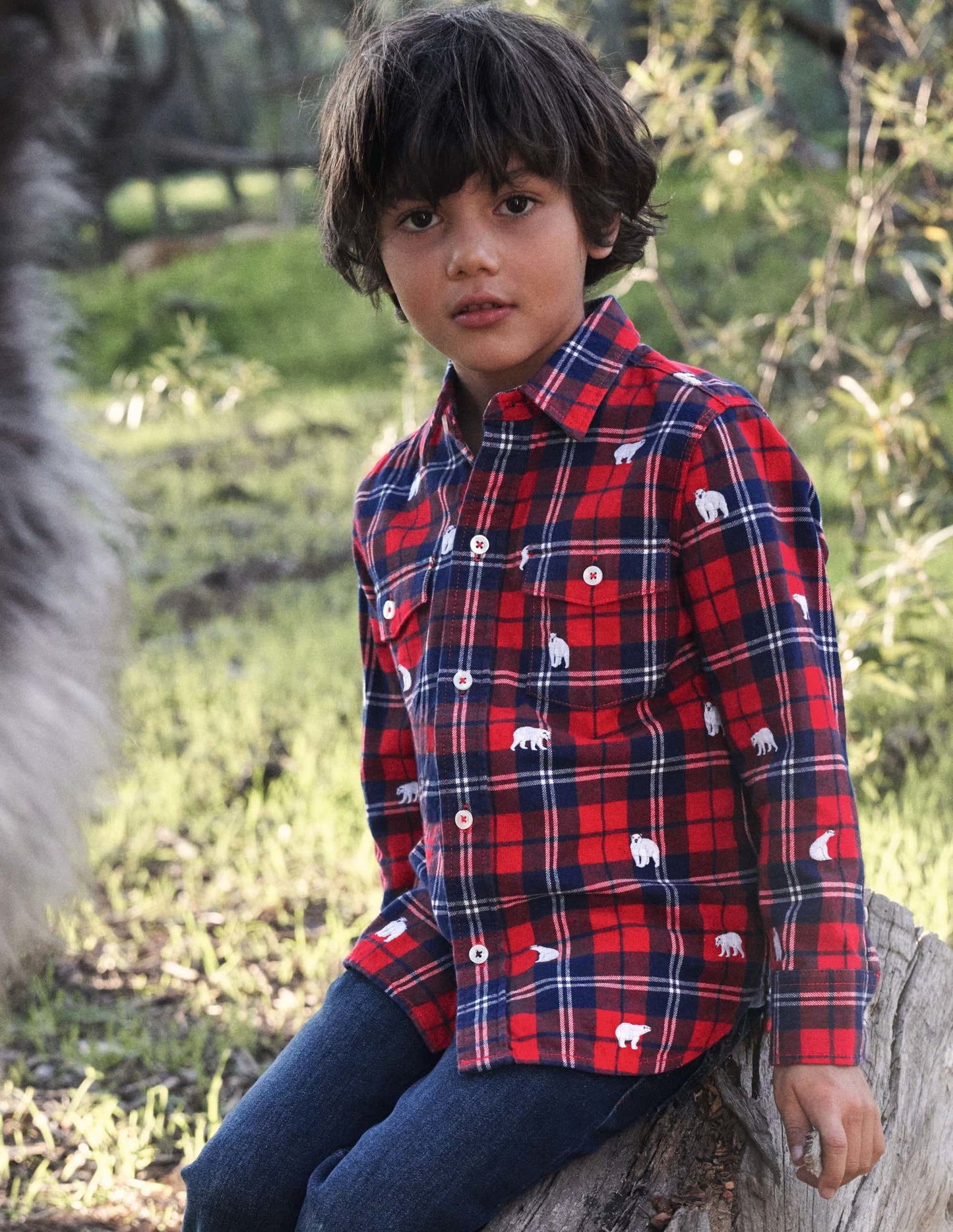 Cosy Embroidered Check Shirt-Rockabilly Red/Navy Polar Bear