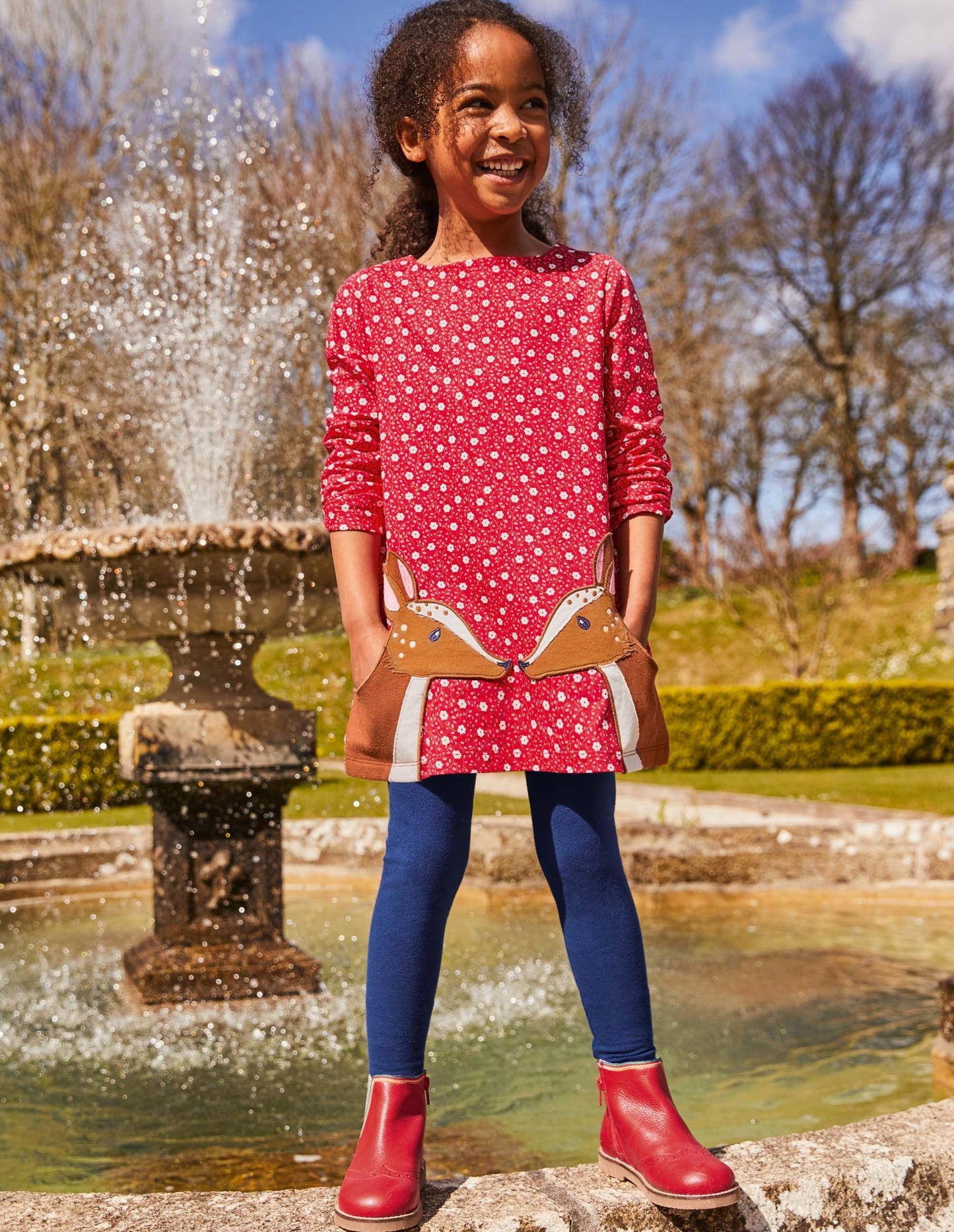 Appliqué Pocket Tunic-Floral Ditsy Rose Deer