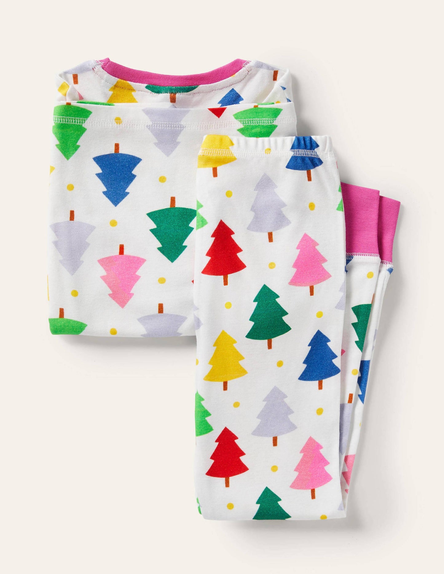 Snug Long John Pyjamas-Ivory Rainbow Christmas Trees