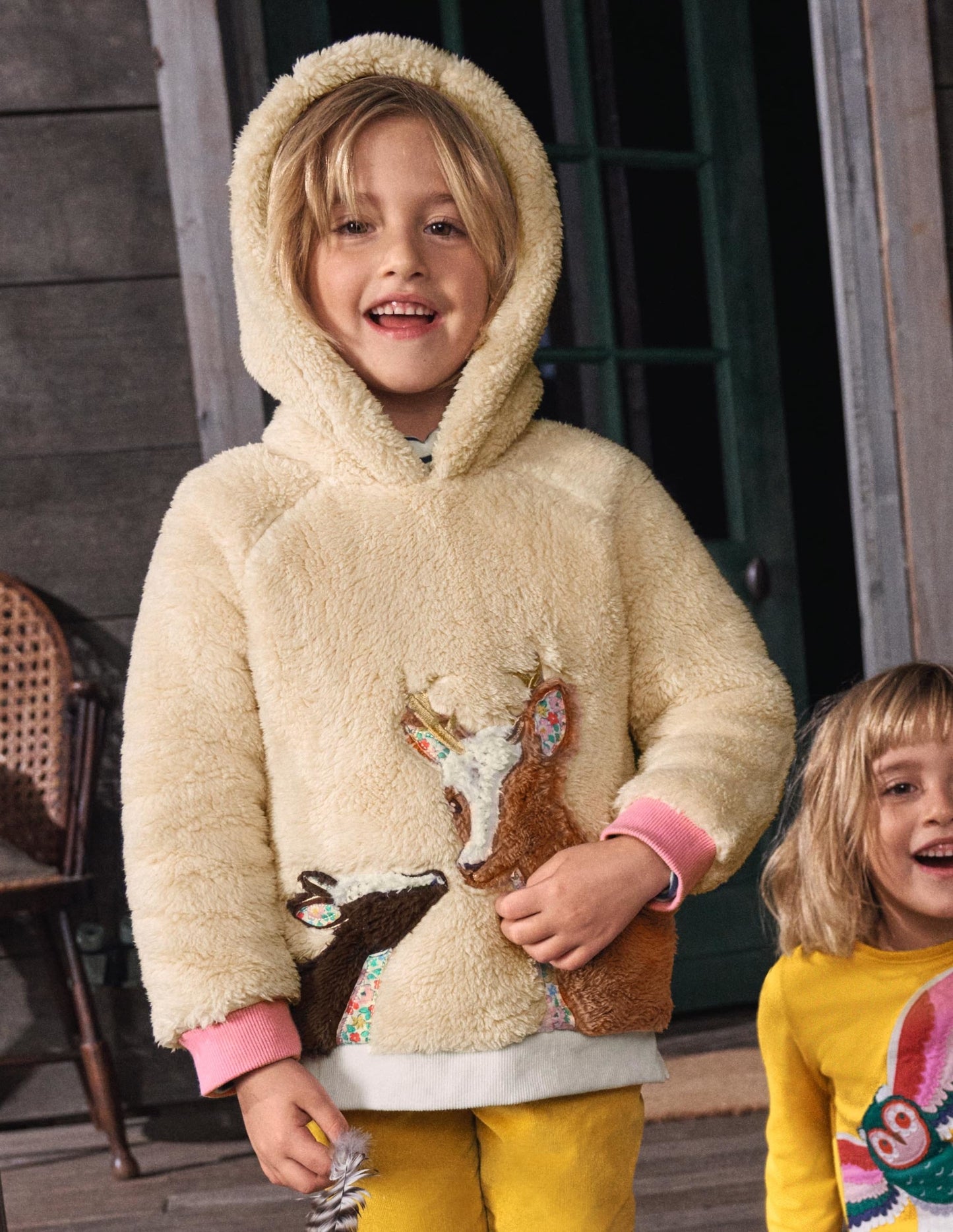 Appliqué Borg Hoodie-Natural Deer