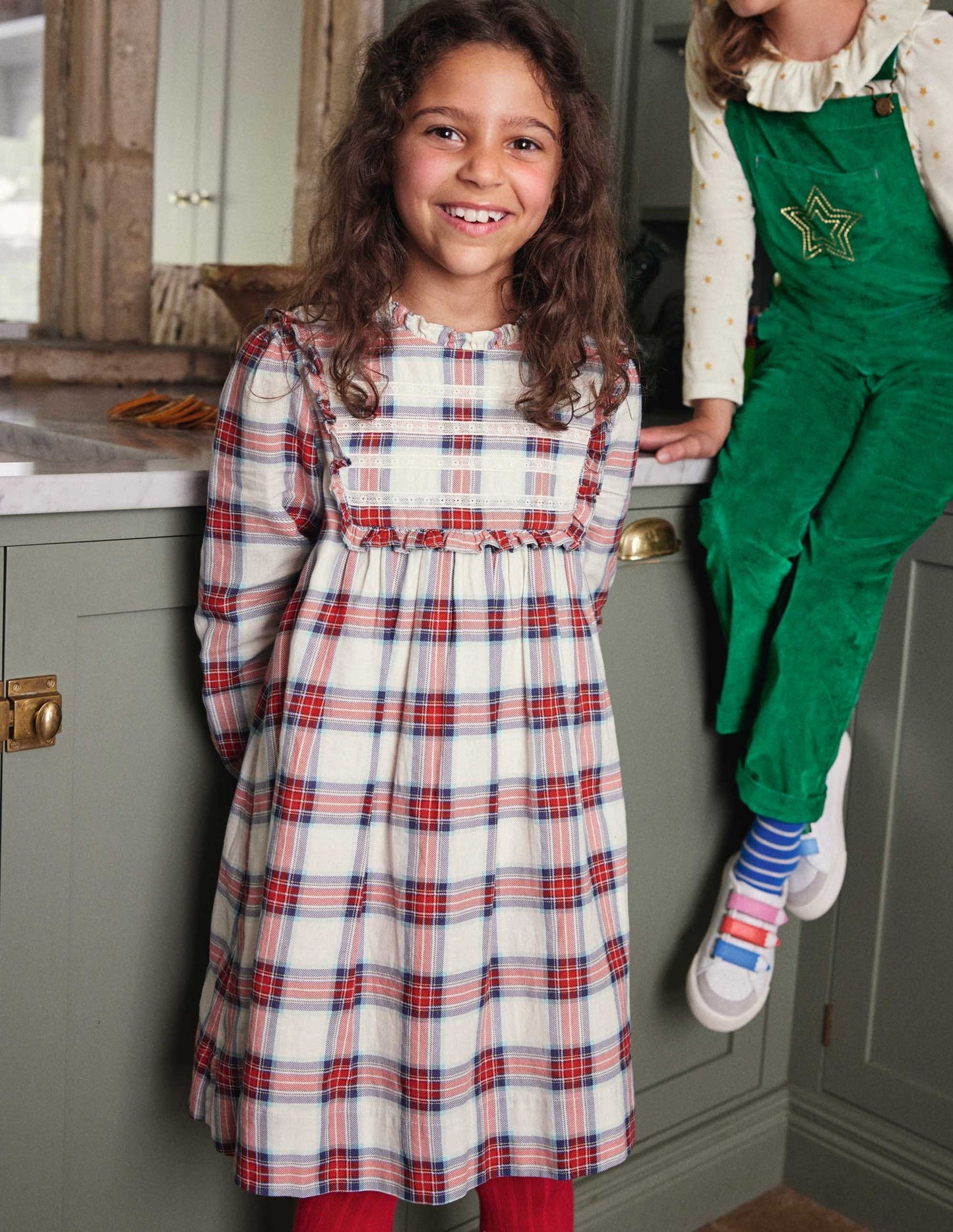 Nostalgic Ruffle Dress-Ivory/ Rockabilly Red Check