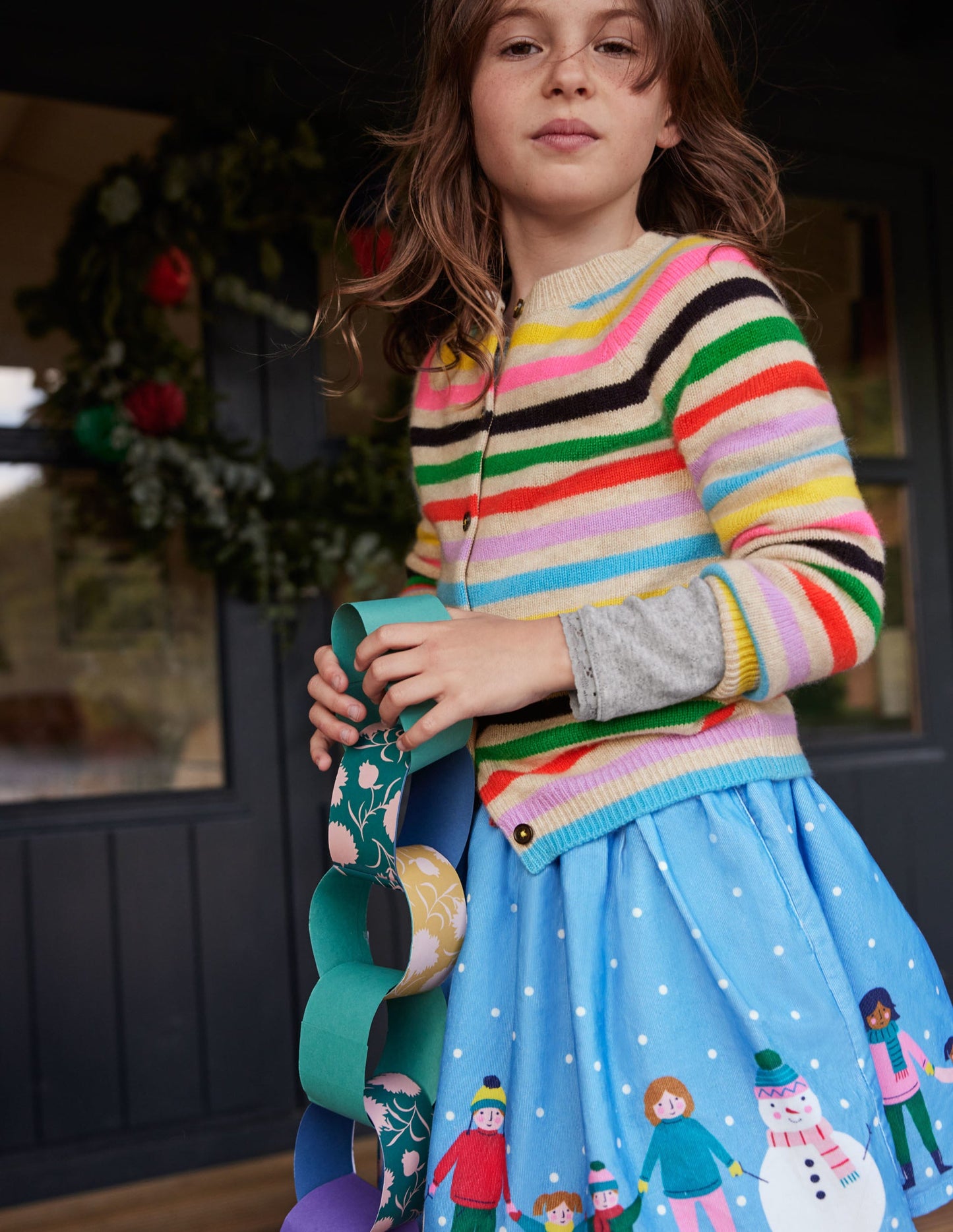 Christmas Scene Cord Skirt-Surfboard Blue