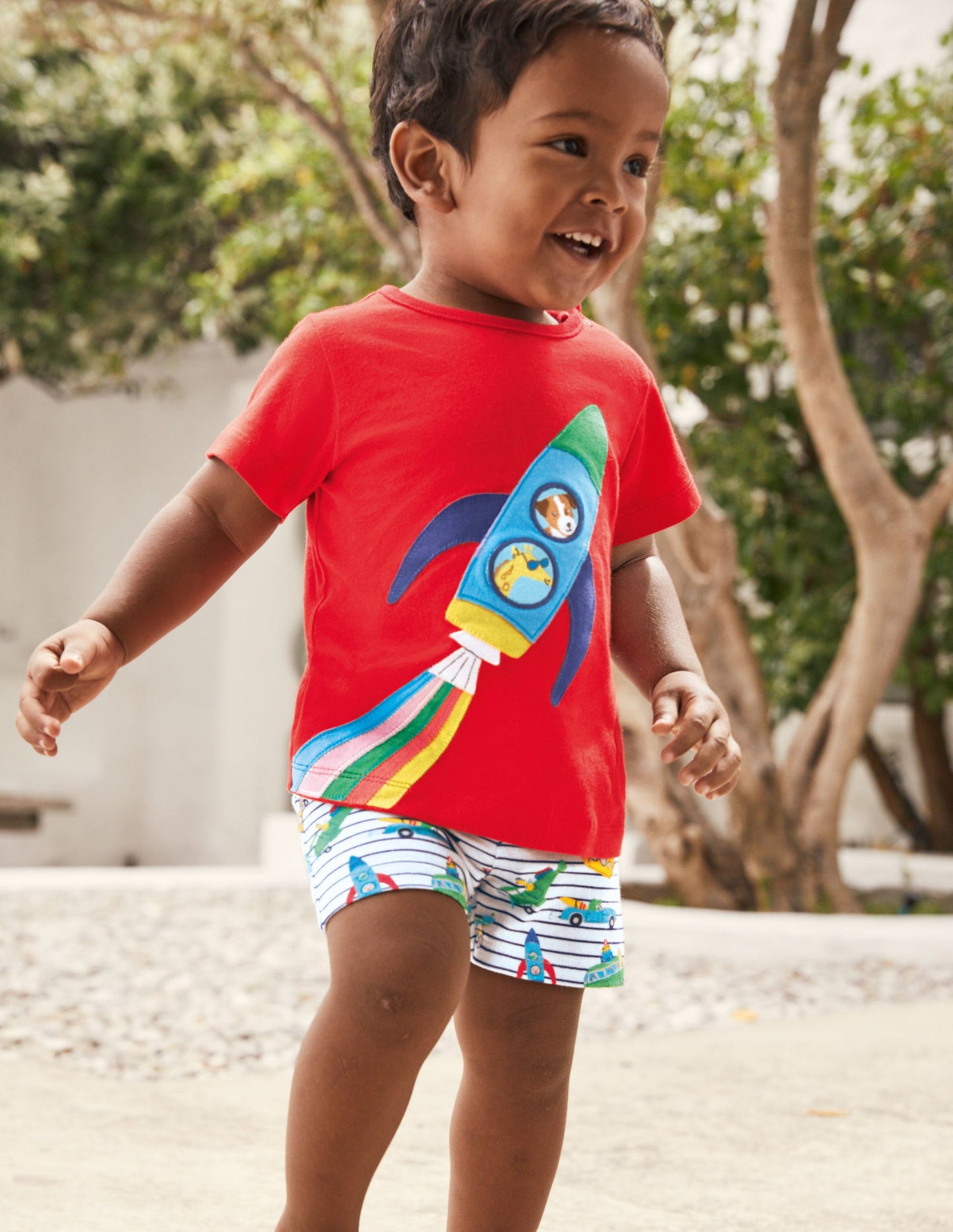 Applique' Short Set-Ivory/Blue Animal Adventures