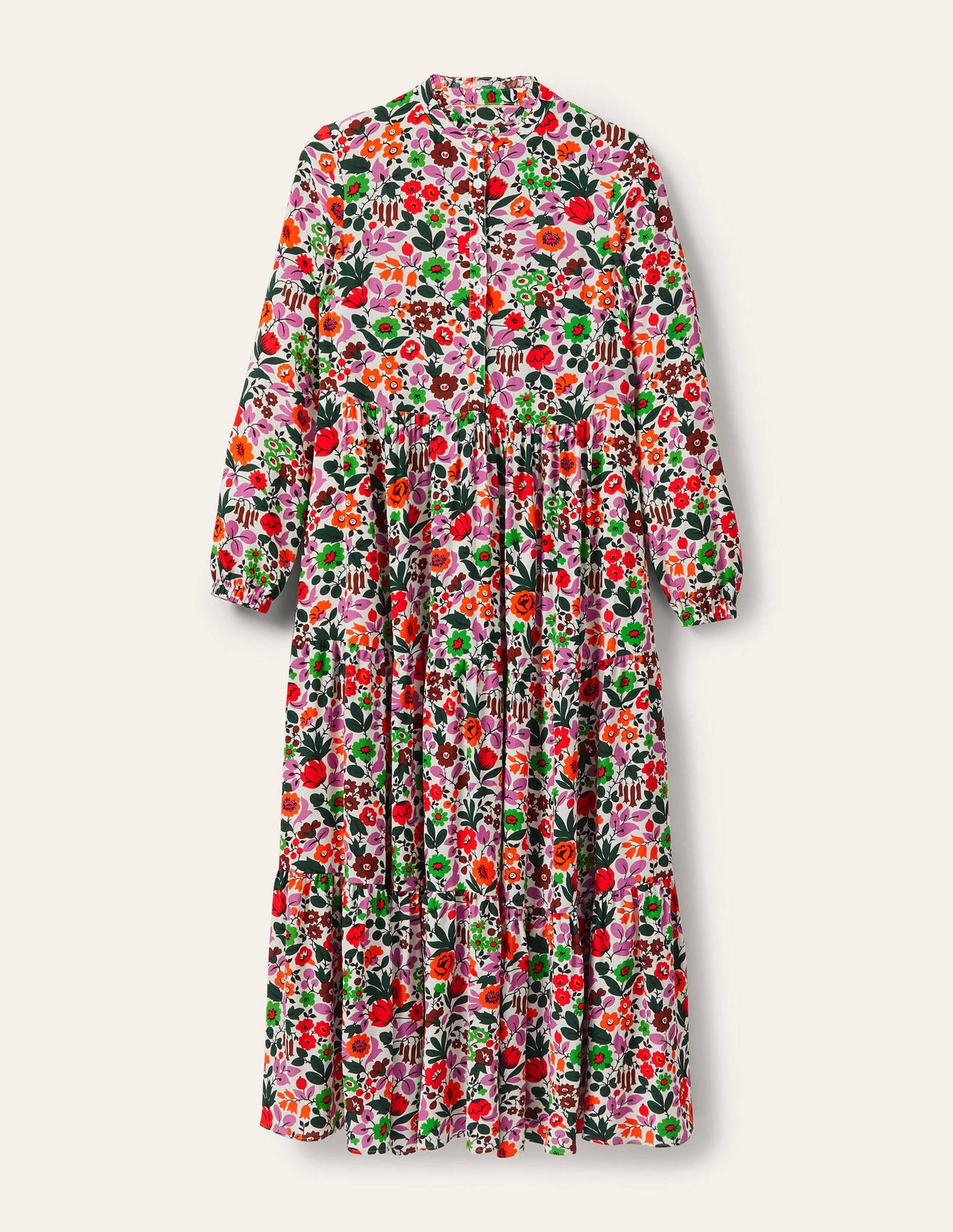 Tiered Maxi Shirt Dress-Ivory, Floral Forest