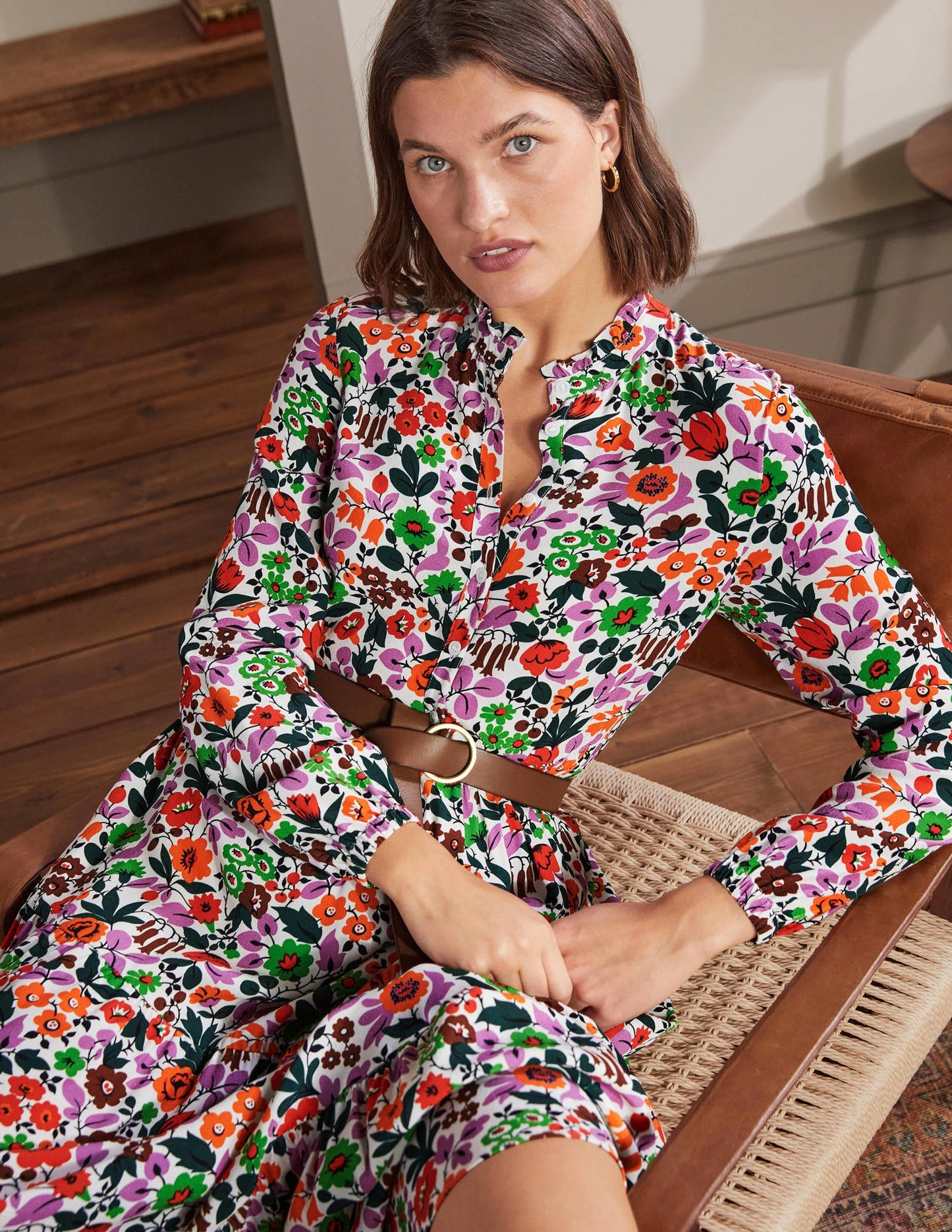 Tiered Maxi Shirt Dress-Ivory, Floral Forest