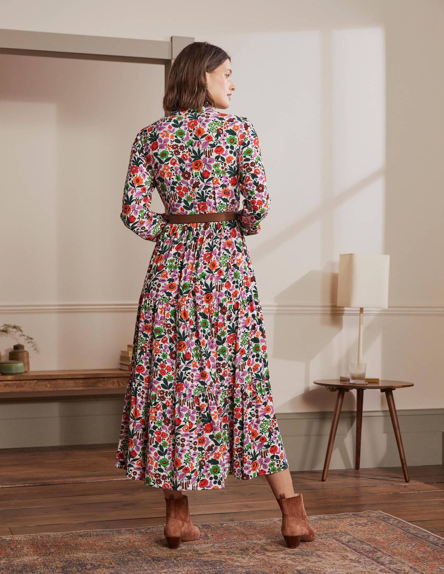 Tiered Maxi Shirt Dress-Ivory, Floral Forest