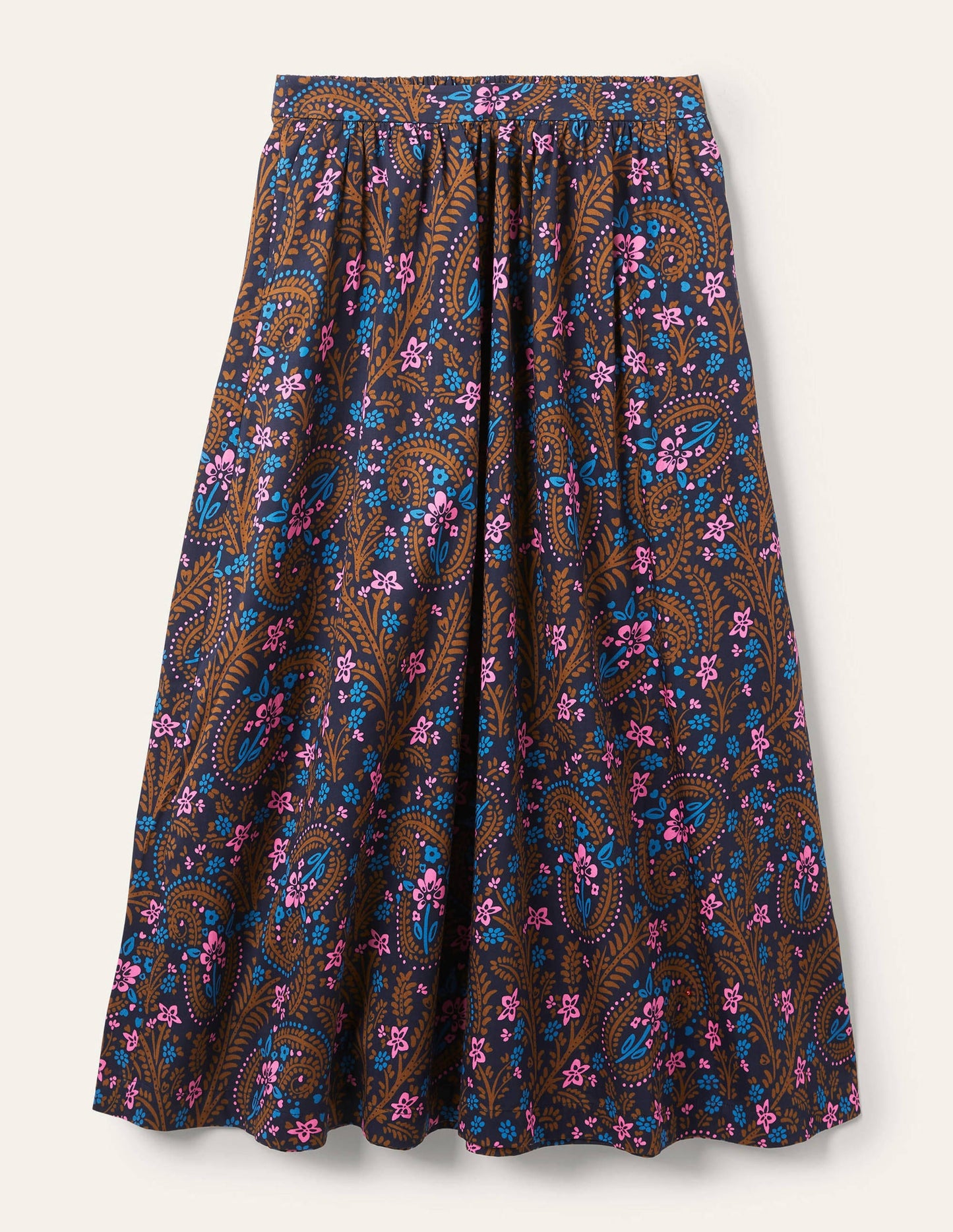 Cotton Sateen Skirt-French Navy, Floral Paisley