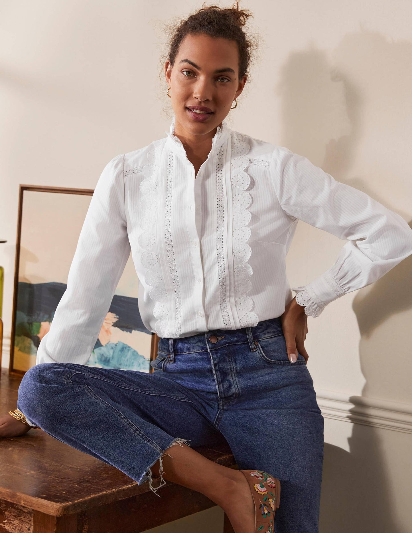 Broderie Ruffle Cotton Shirt-White