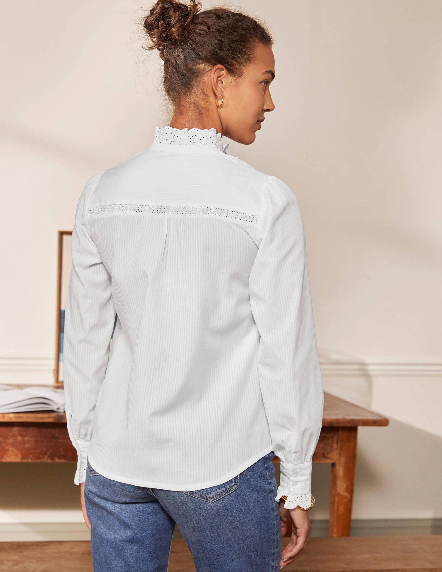 Broderie Ruffle Cotton Shirt-White