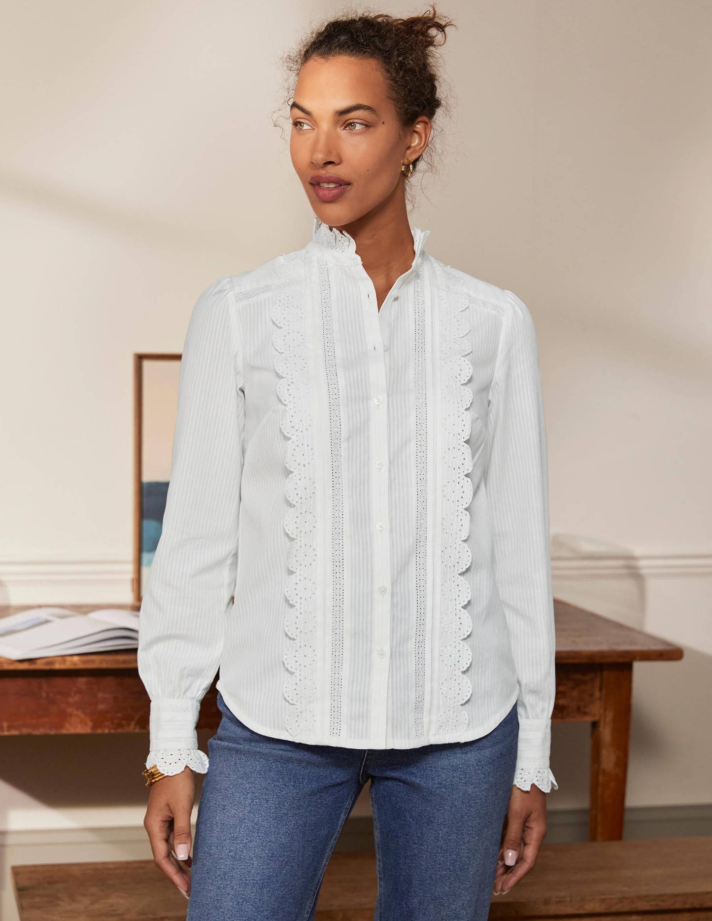 Broderie Ruffle Cotton Shirt-White
