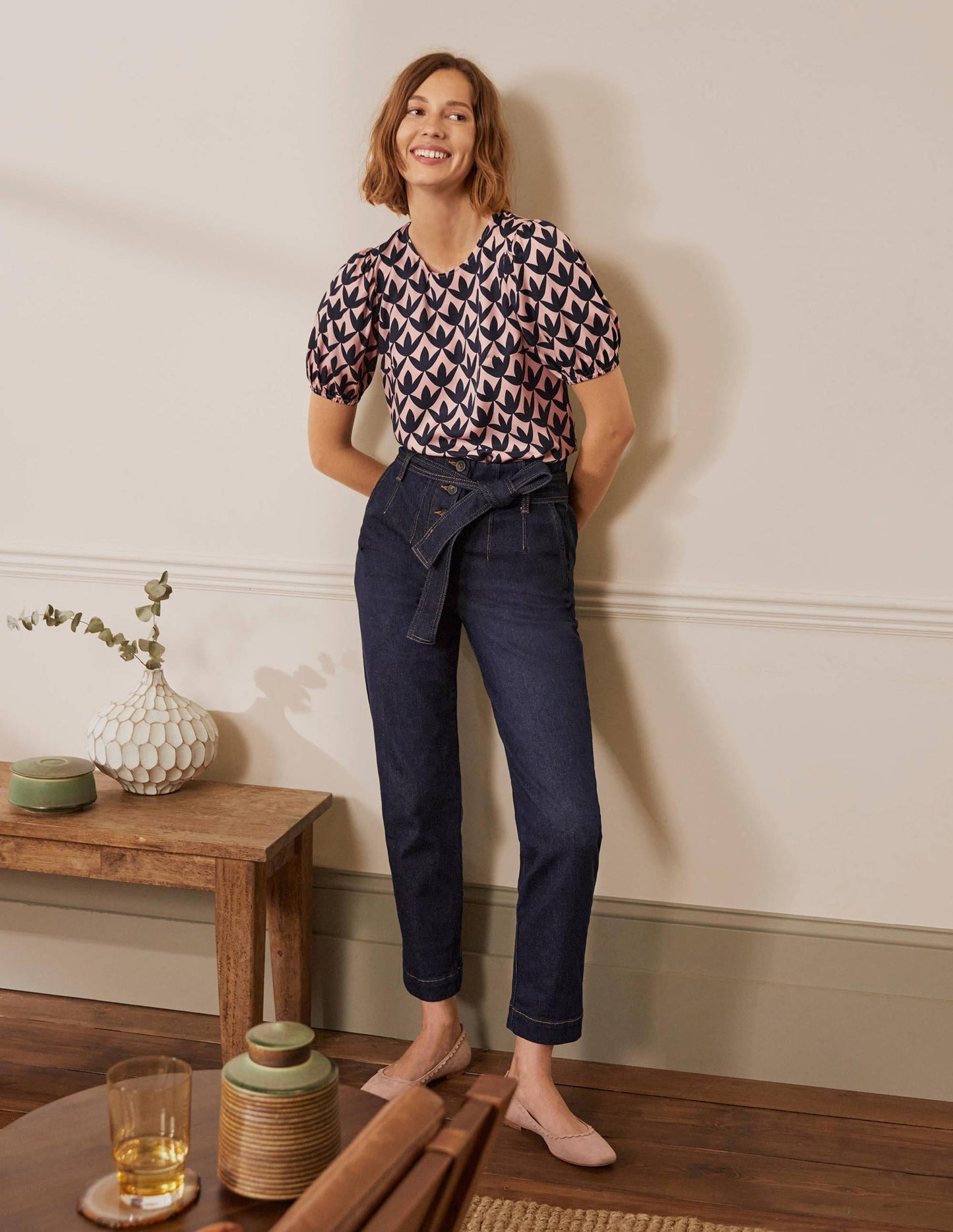 Adriana Puff Sleeve Top-Milkshake, Petal Geo