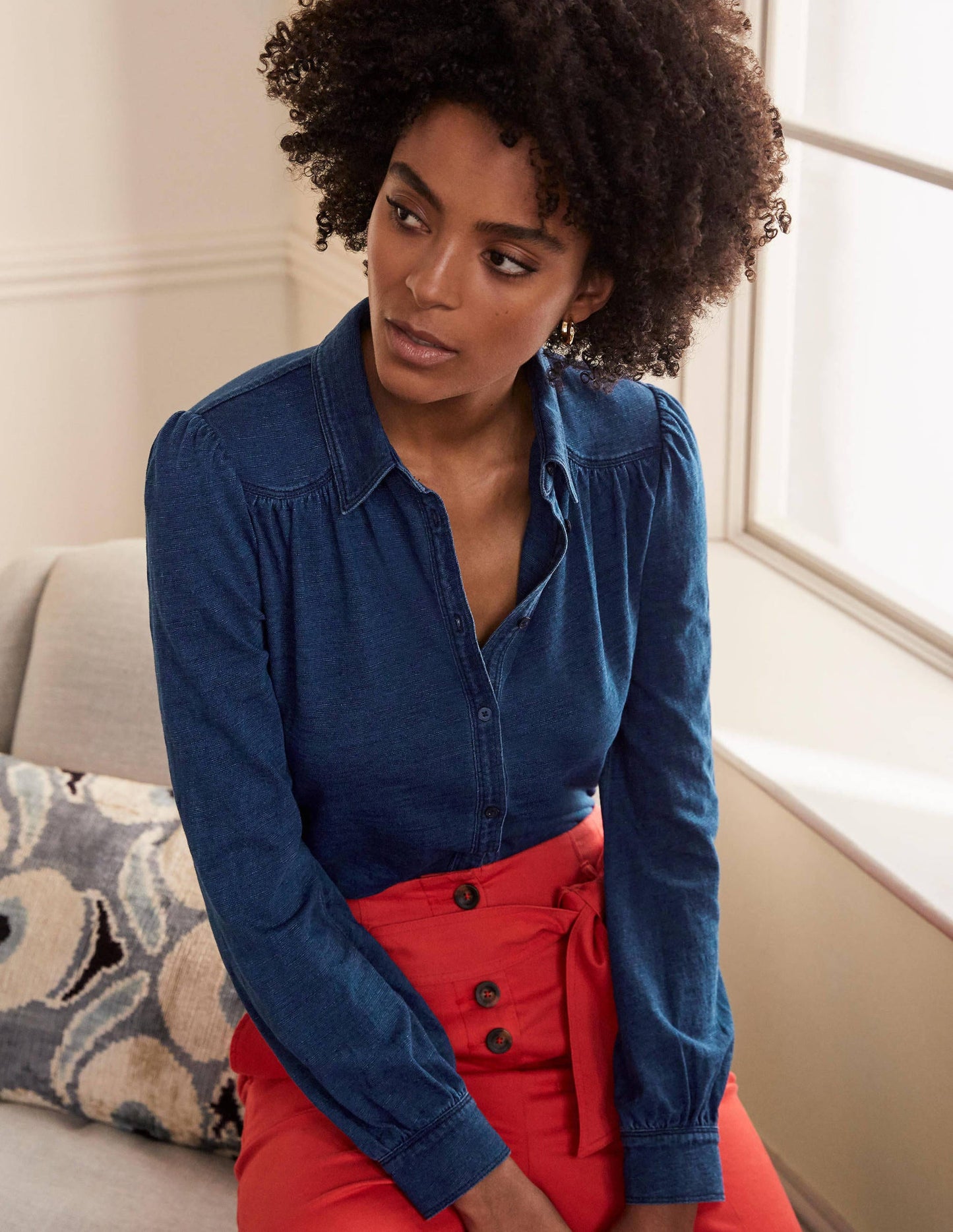 Gathered Detail Jersey Shirt-Mid Indigo