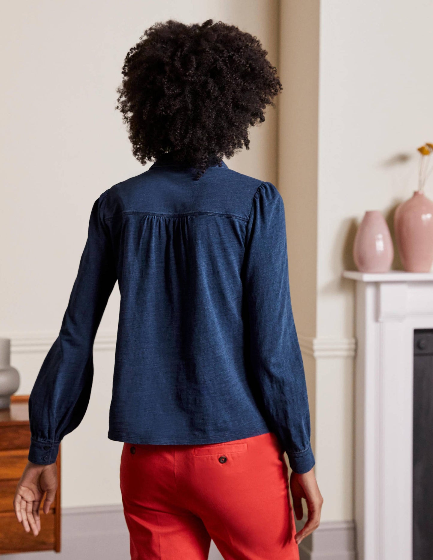 Gathered Detail Jersey Shirt-Mid Indigo
