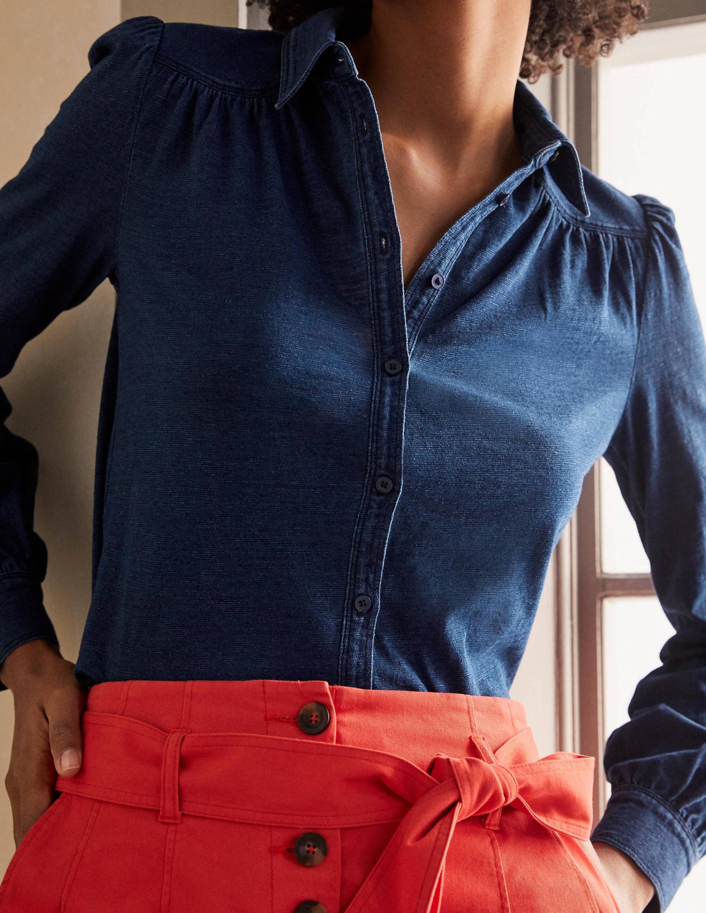 Gathered Detail Jersey Shirt-Mid Indigo