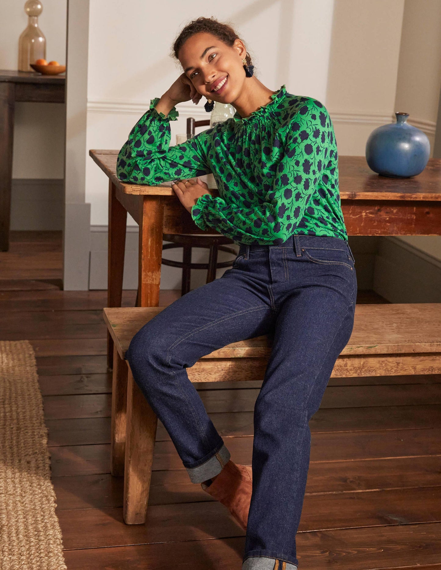 Frill Neck Blouson Jersey Top-Sapling, Leafy Bud