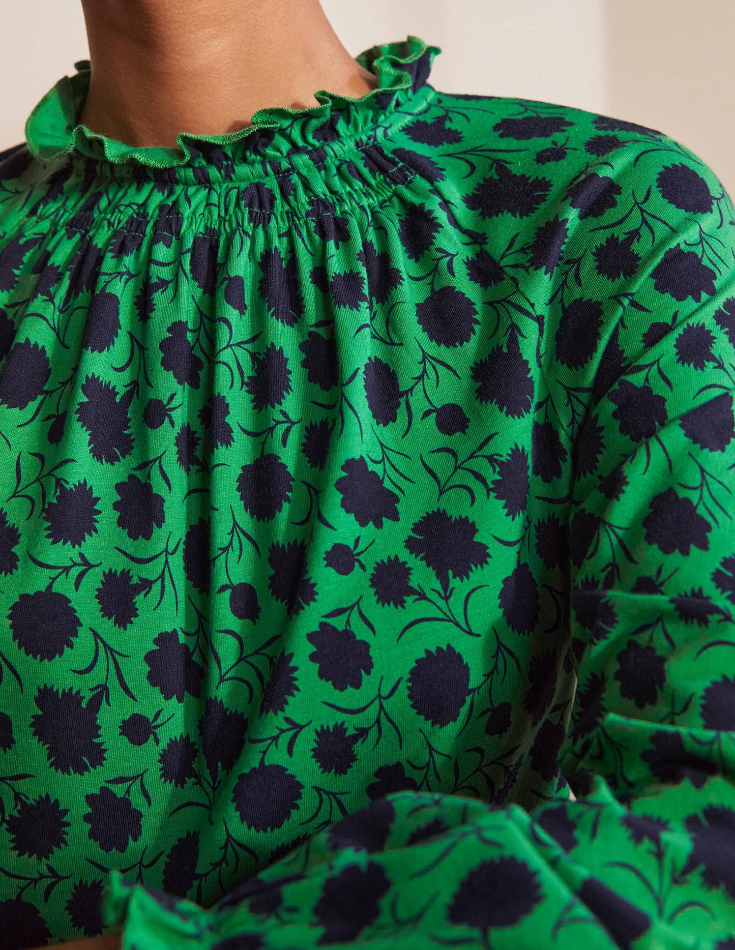 Frill Neck Blouson Jersey Top-Sapling, Leafy Bud