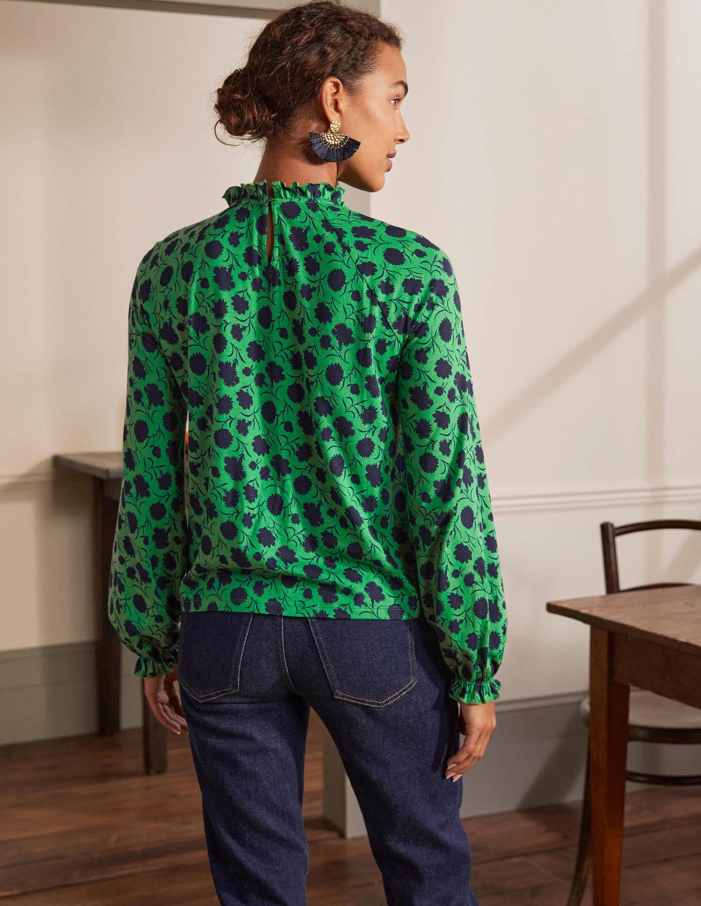 Frill Neck Blouson Jersey Top-Sapling, Leafy Bud