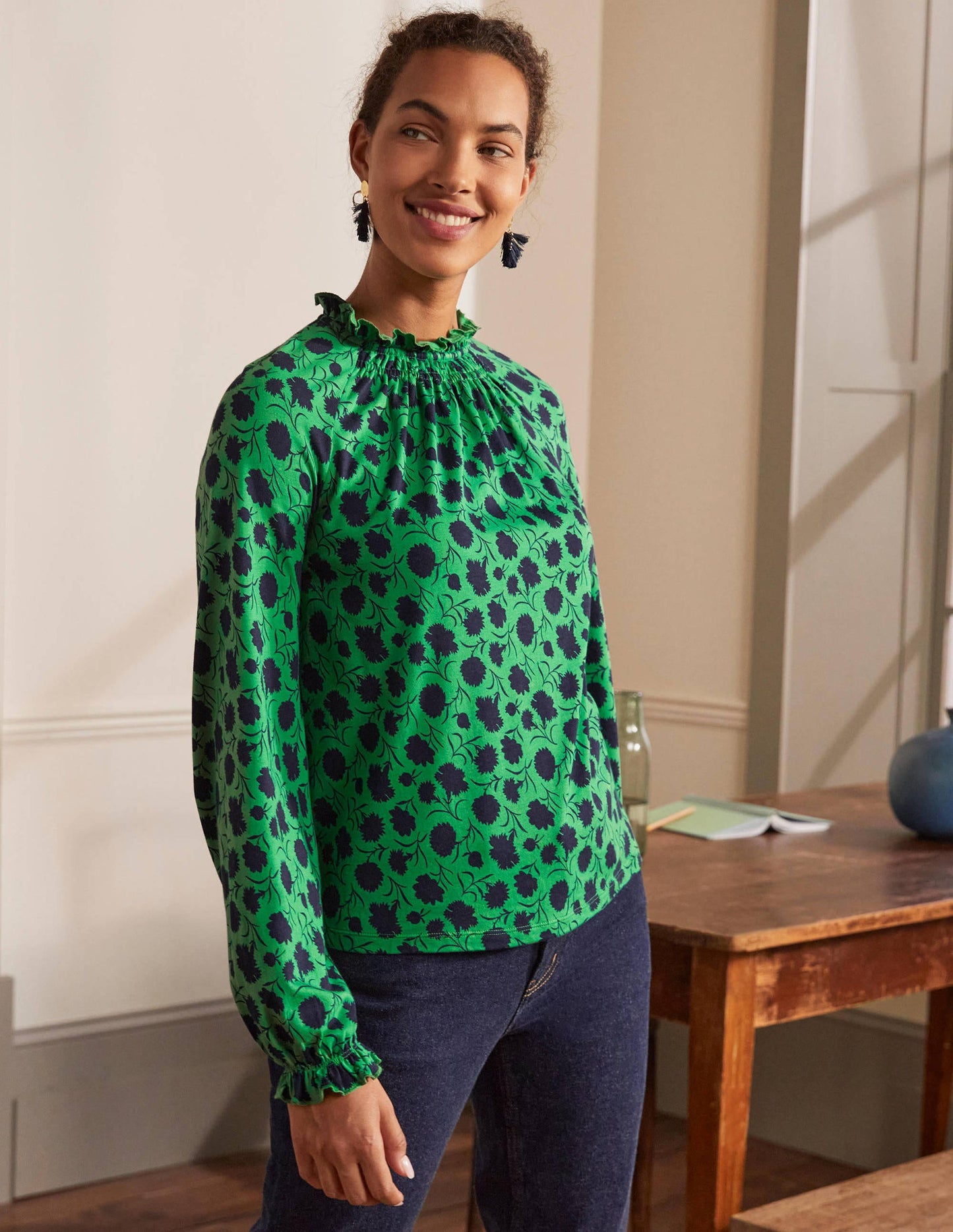 Frill Neck Blouson Jersey Top-Sapling, Leafy Bud