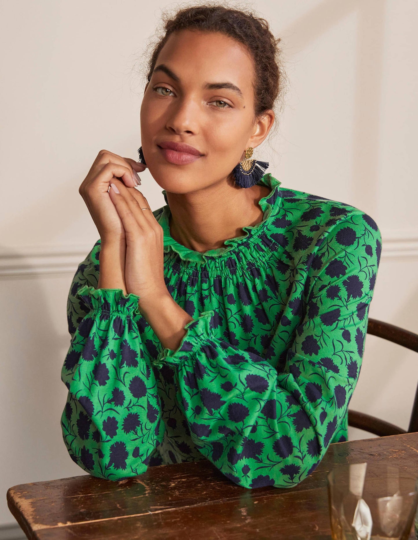 Frill Neck Blouson Jersey Top-Sapling, Leafy Bud