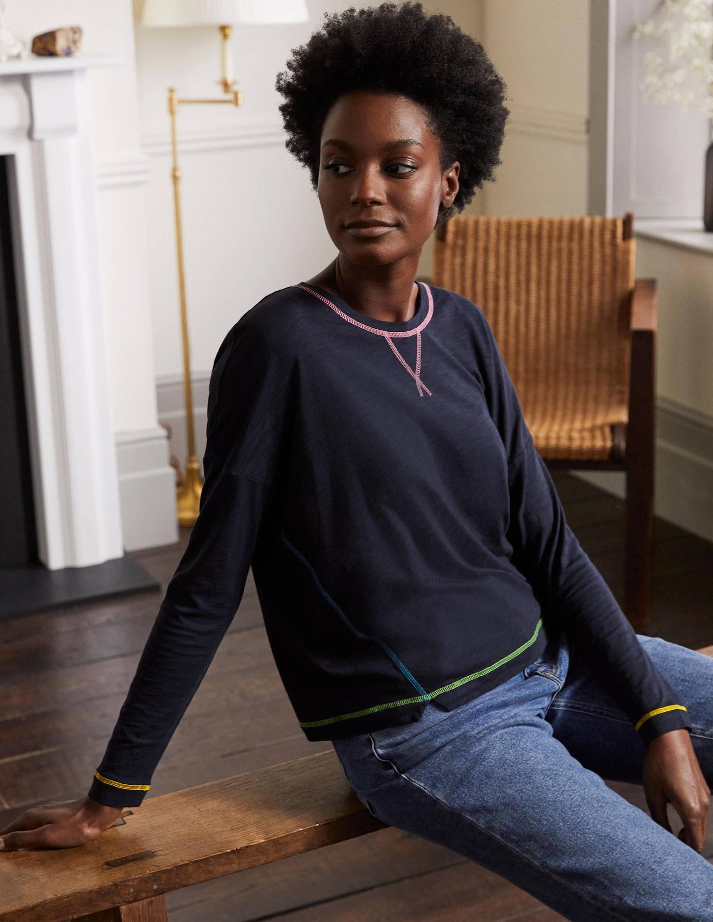 Contrast Stitch Jersey Top-Navy