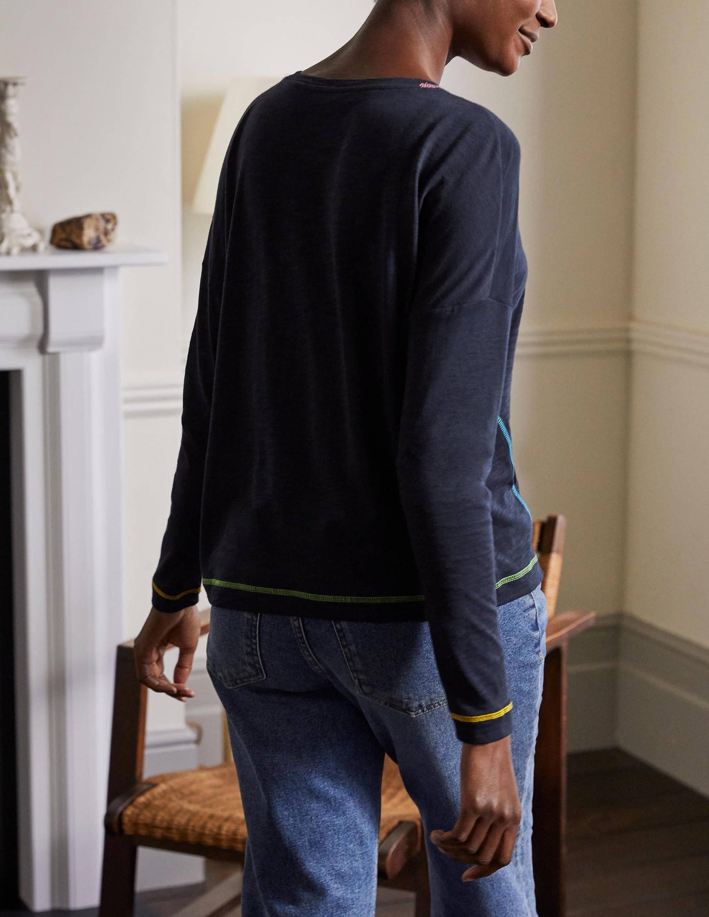 Contrast Stitch Jersey Top-Navy