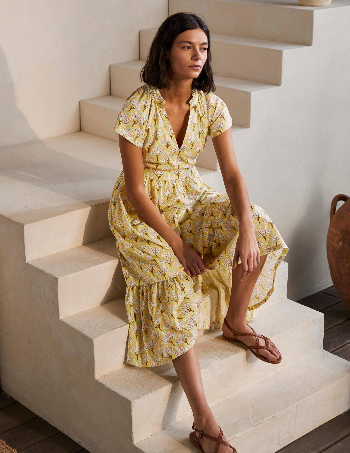 Bernadette Cotton Midi Dress-Corn Yellow, Intricate Leaf