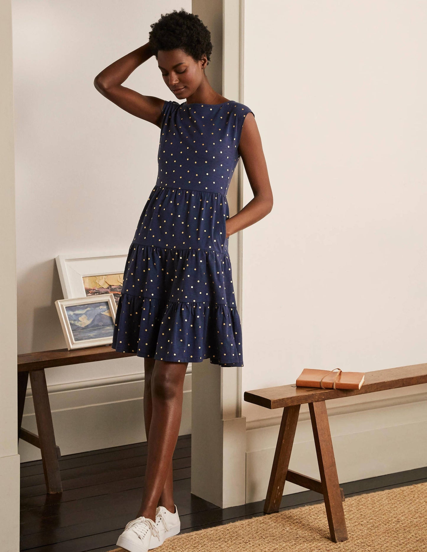 Romaine Tiered Jersey Dress-Navy and Gold, Polka Dot