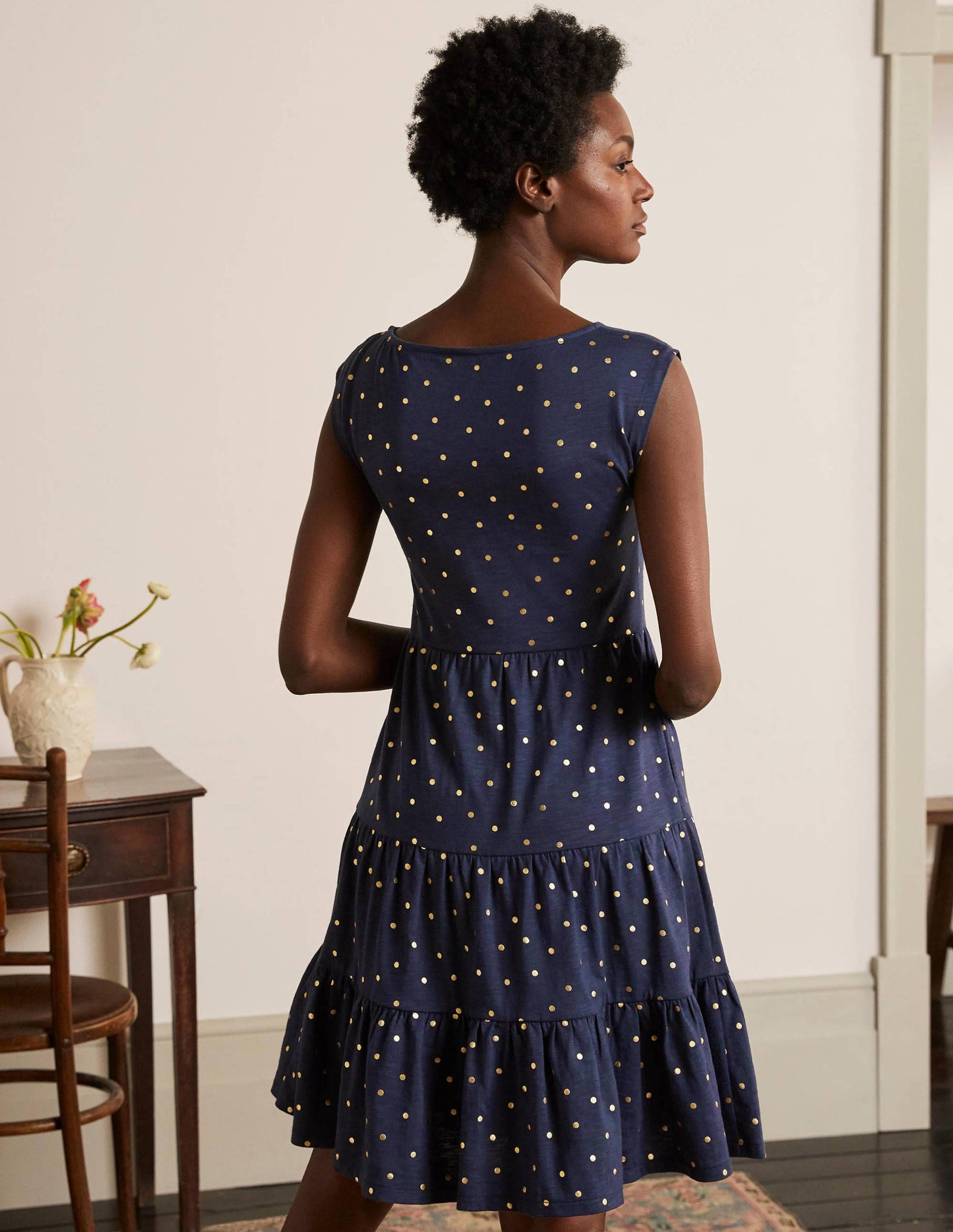 Romaine Tiered Jersey Dress-Navy and Gold, Polka Dot