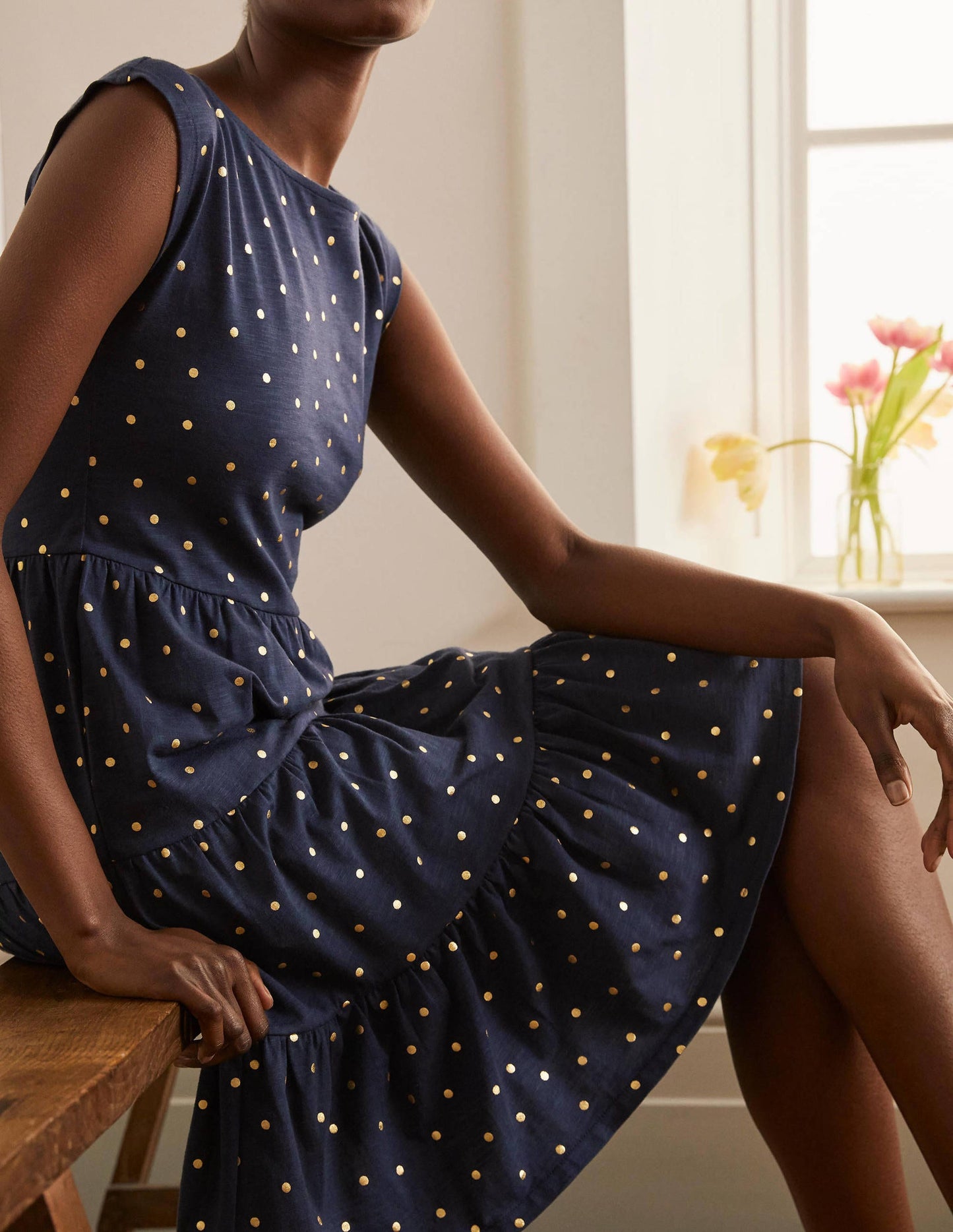 Romaine Tiered Jersey Dress-Navy and Gold, Polka Dot