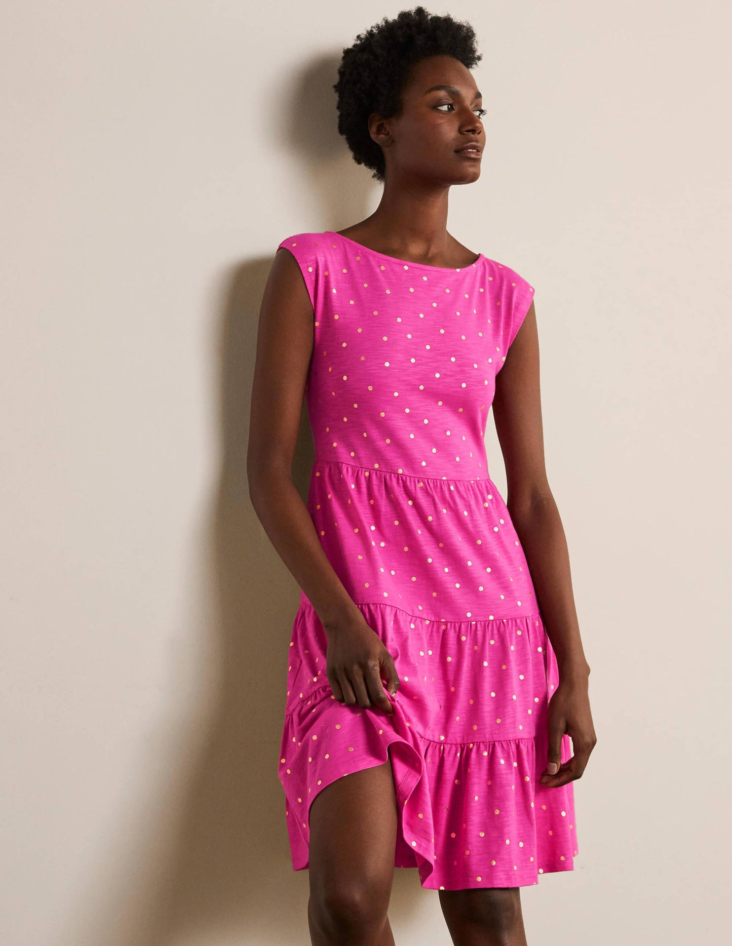 Romaine Tiered Jersey Dress-Party Pink and Gold, Polka Dot
