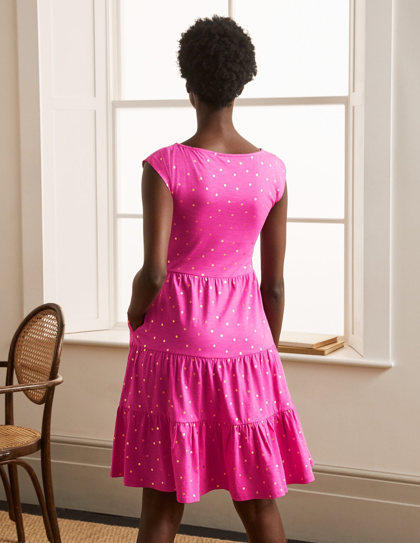 Romaine Tiered Jersey Dress-Party Pink and Gold, Polka Dot