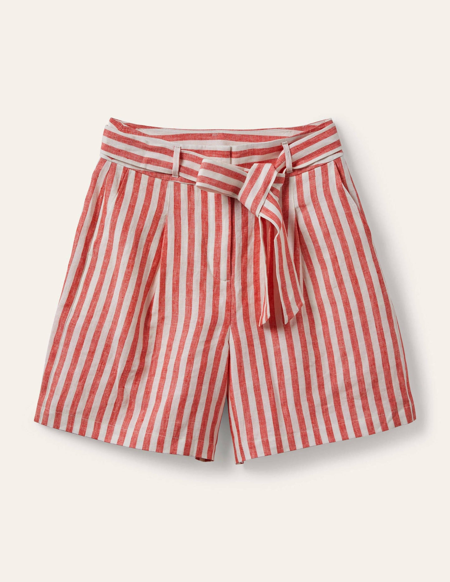 Alma Tie Waist Linen Shorts-Cherry Red Stripe