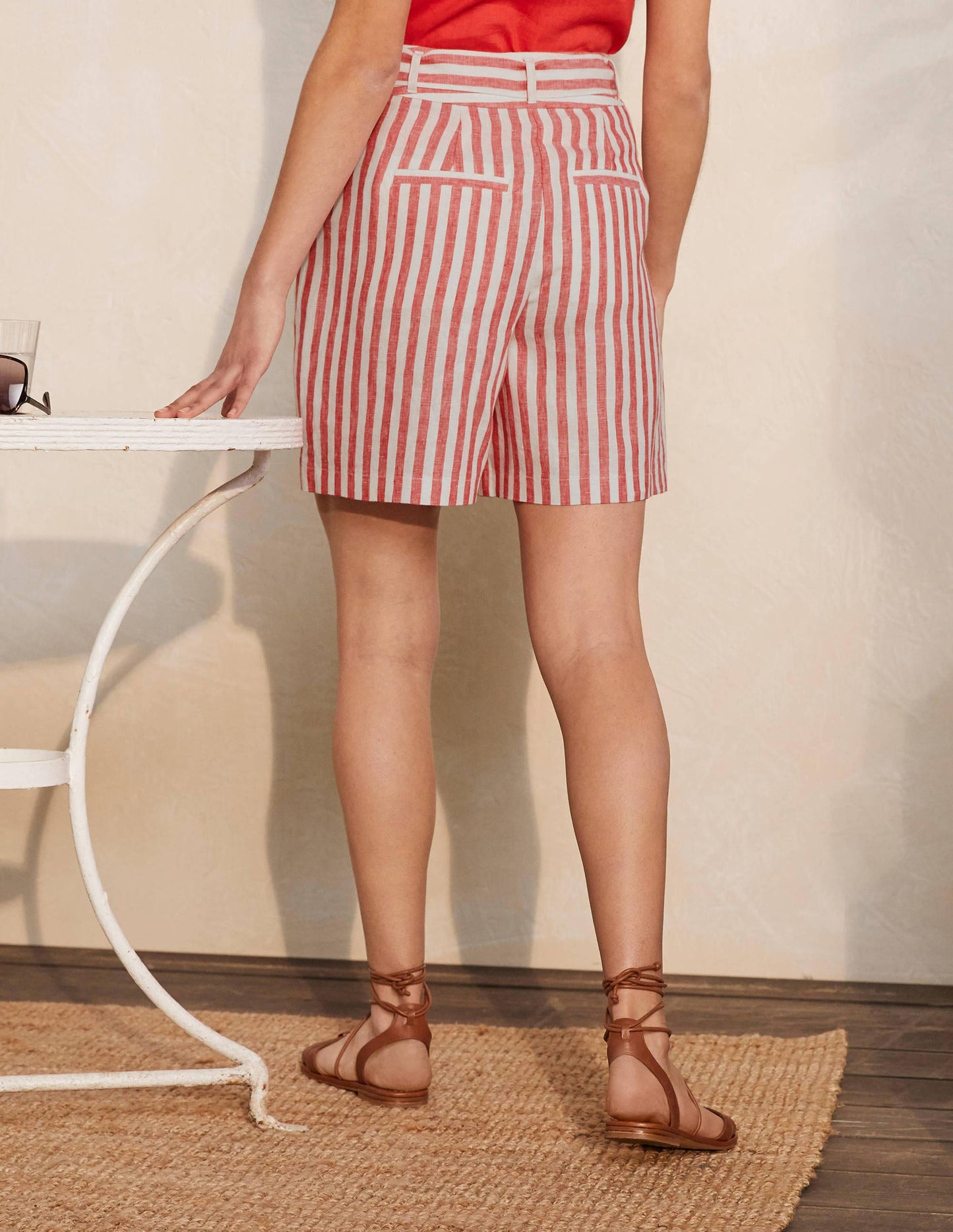 Alma Tie Waist Linen Shorts-Cherry Red Stripe