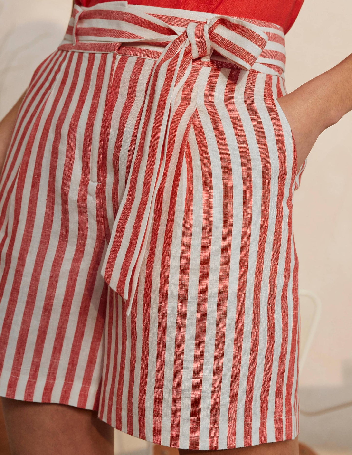 Alma Tie Waist Linen Shorts-Cherry Red Stripe