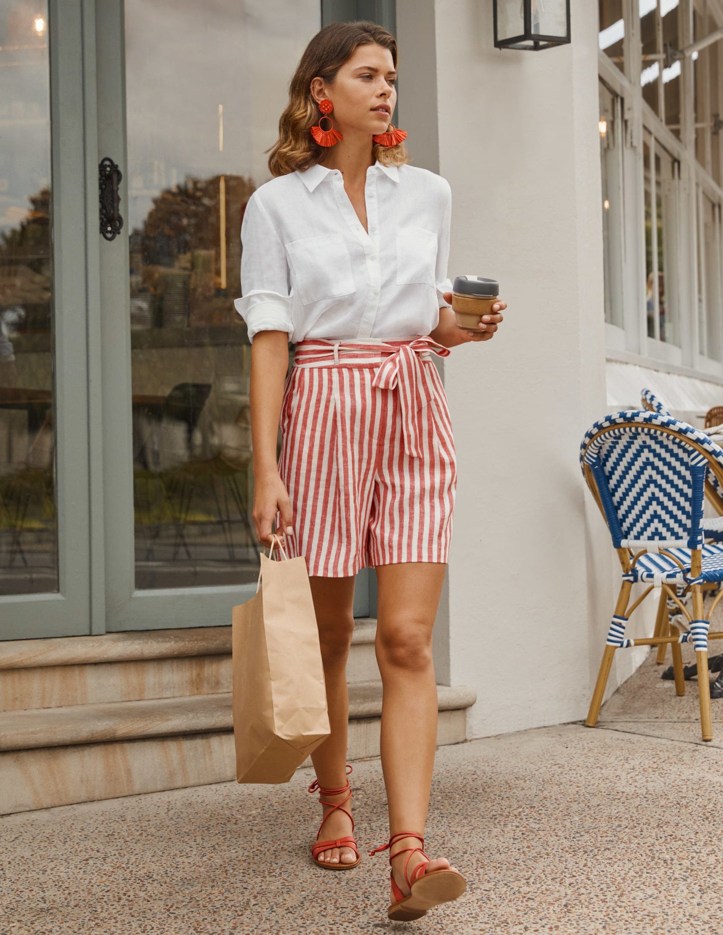 Alma Tie Waist Linen Shorts-Cherry Red Stripe