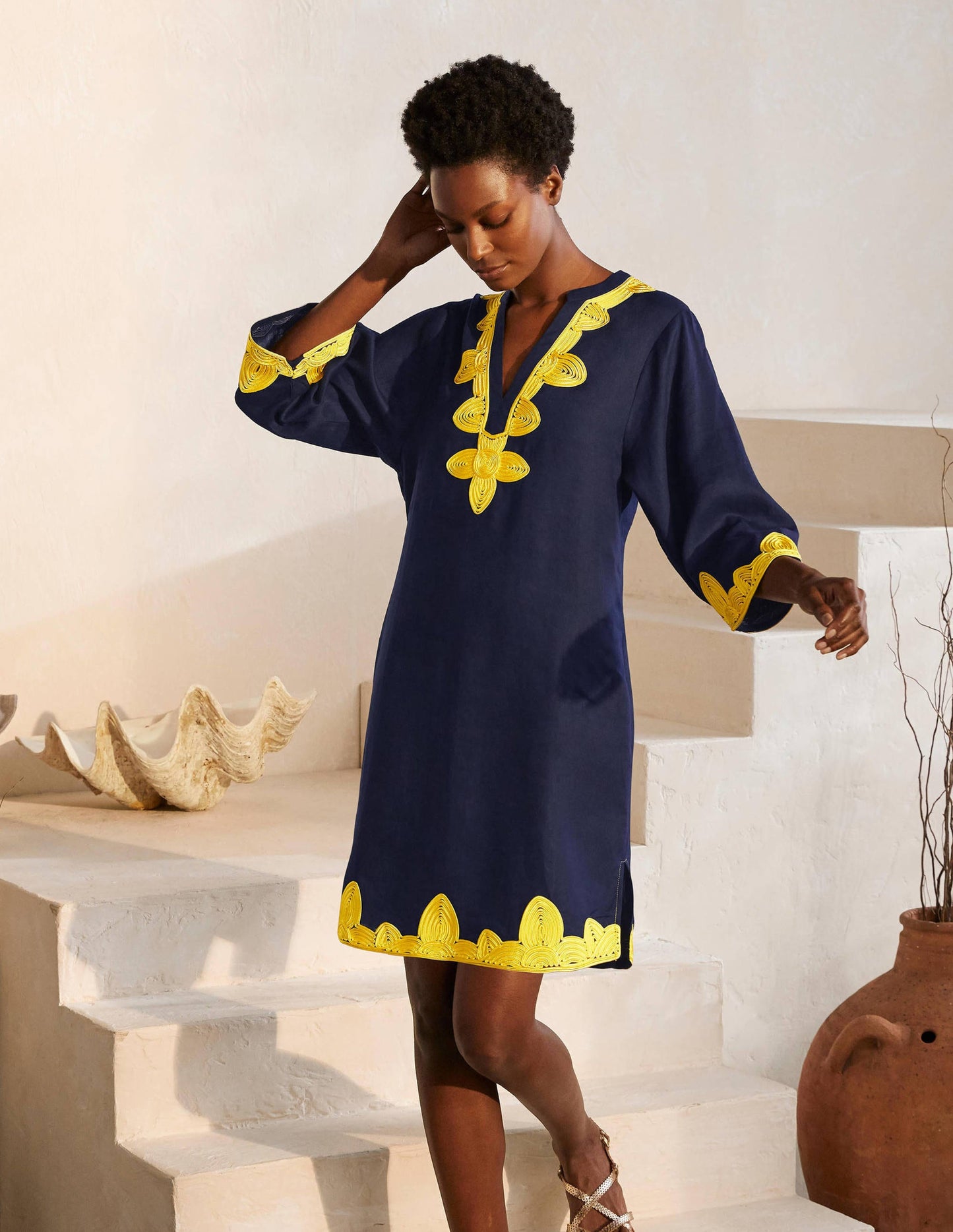 Bella Embroidered Linen Dress-Navy/Daffodil