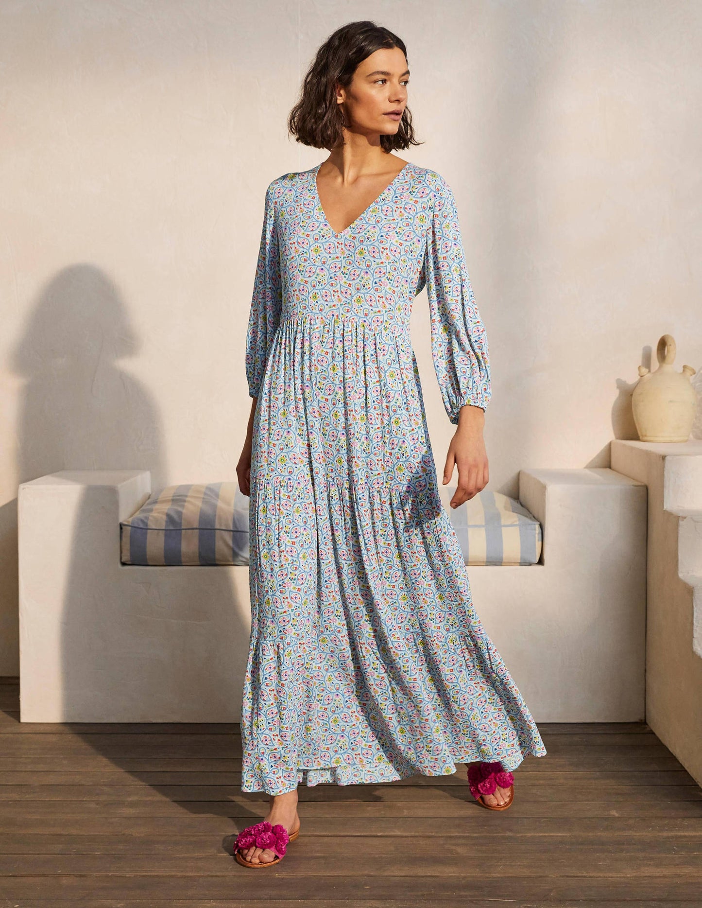 Blouson Sleeve Maxi Dress-Ivory, Leafy Floral