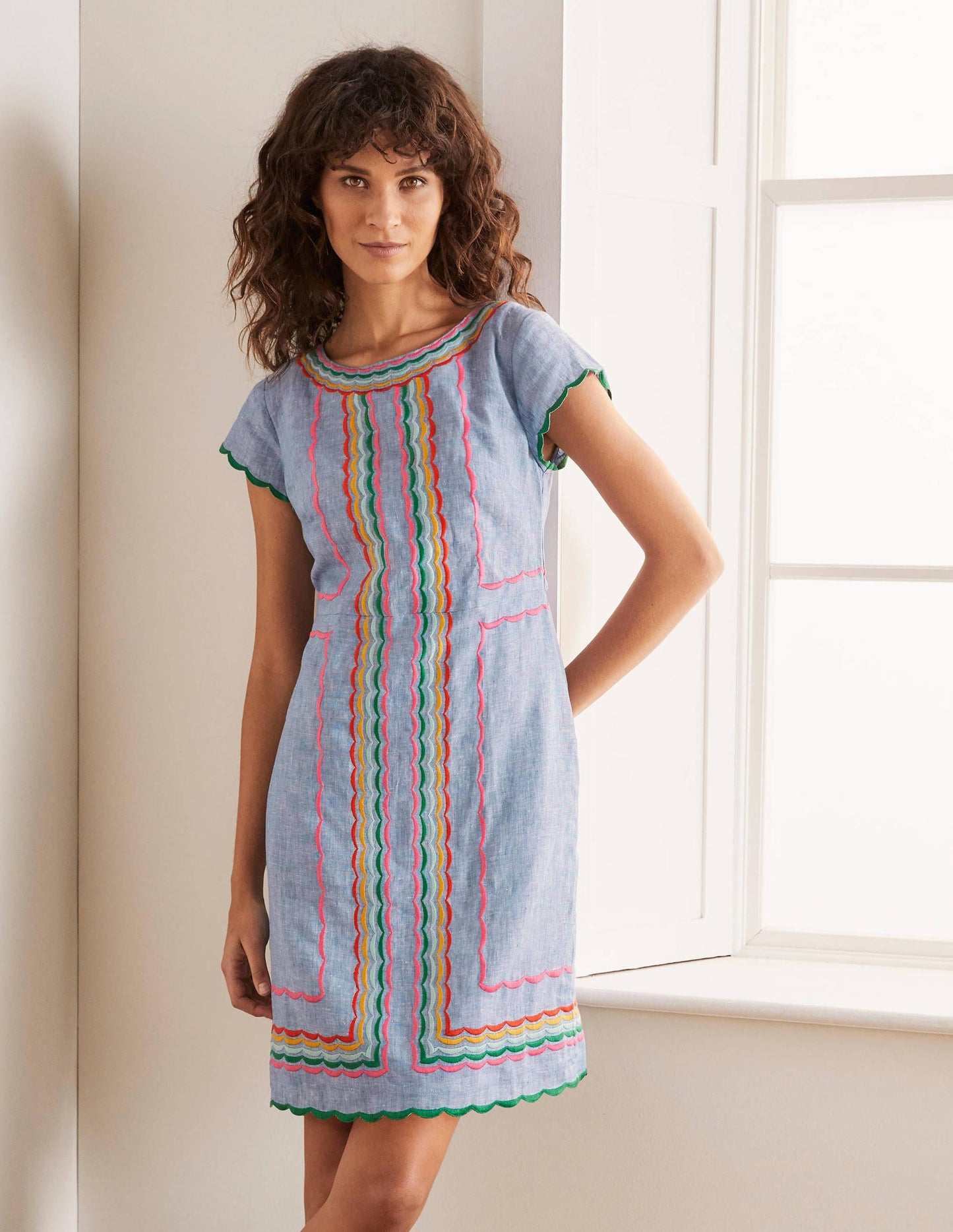 Laura Linen Embroidered Dress-Light Chambray