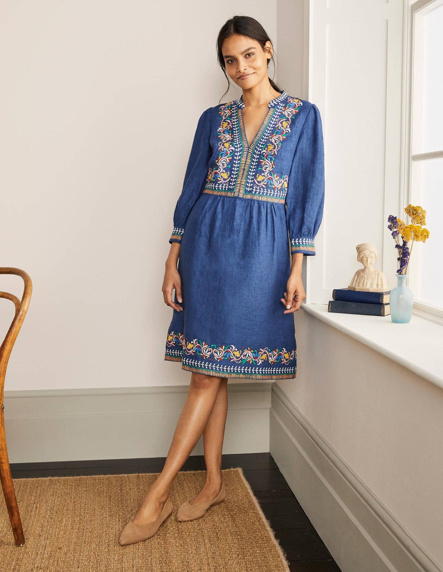 Dakota Embroidered Linen Dress-Mid Blue Delave