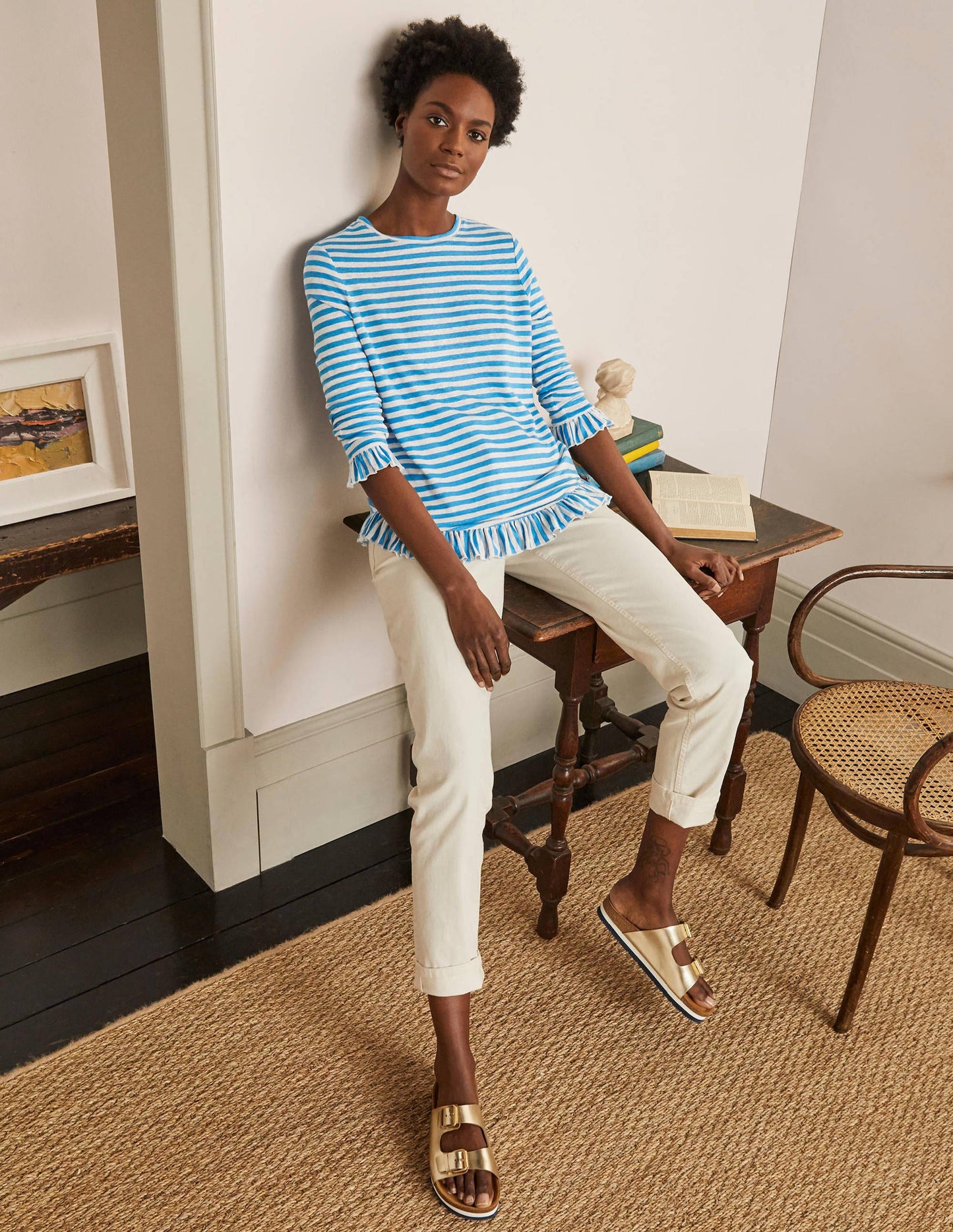 Dorothy Linen Jersey Top-Moroccan Blue/ Ivory