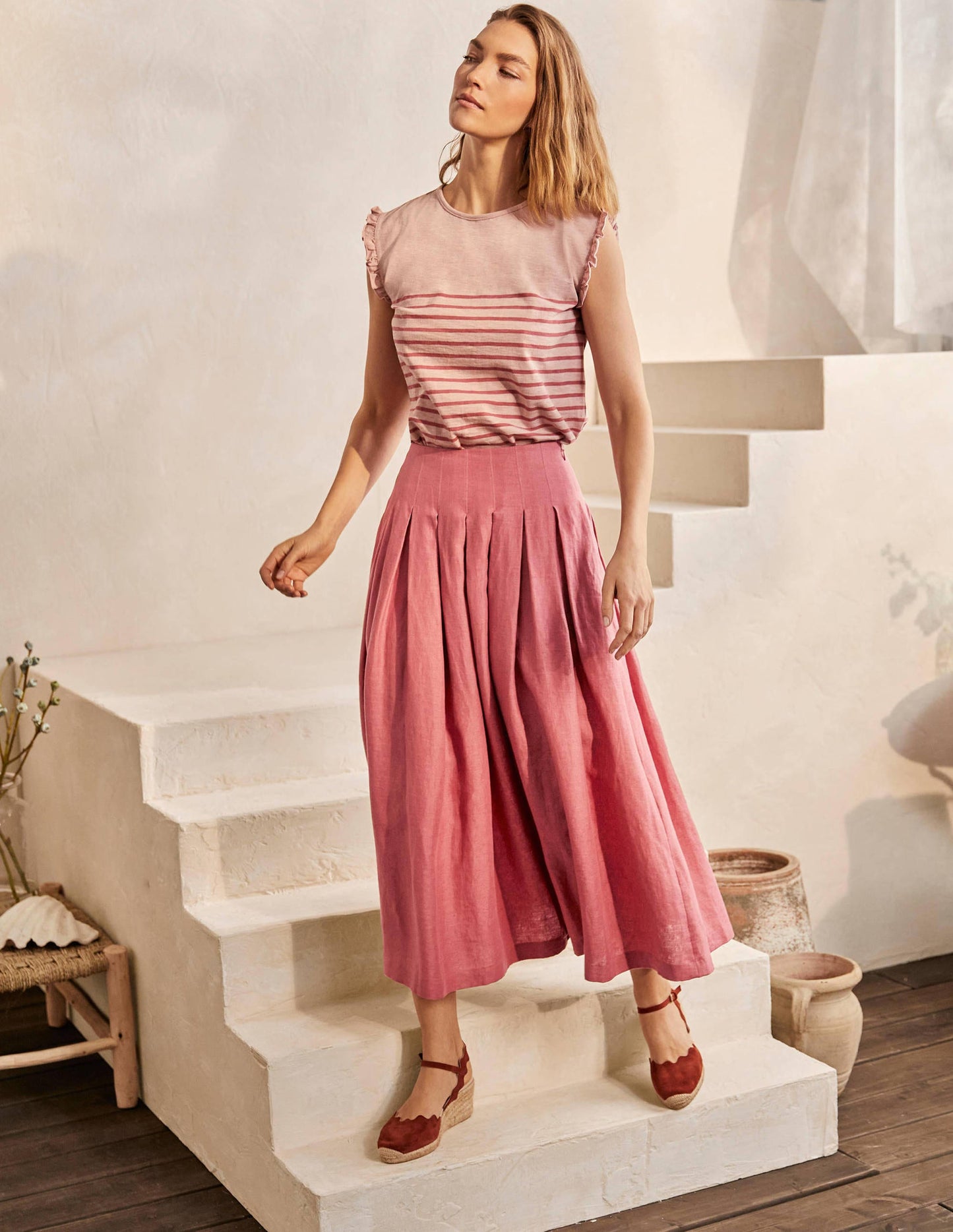 Lydia Linen Pleated Skirt-Dusty Red