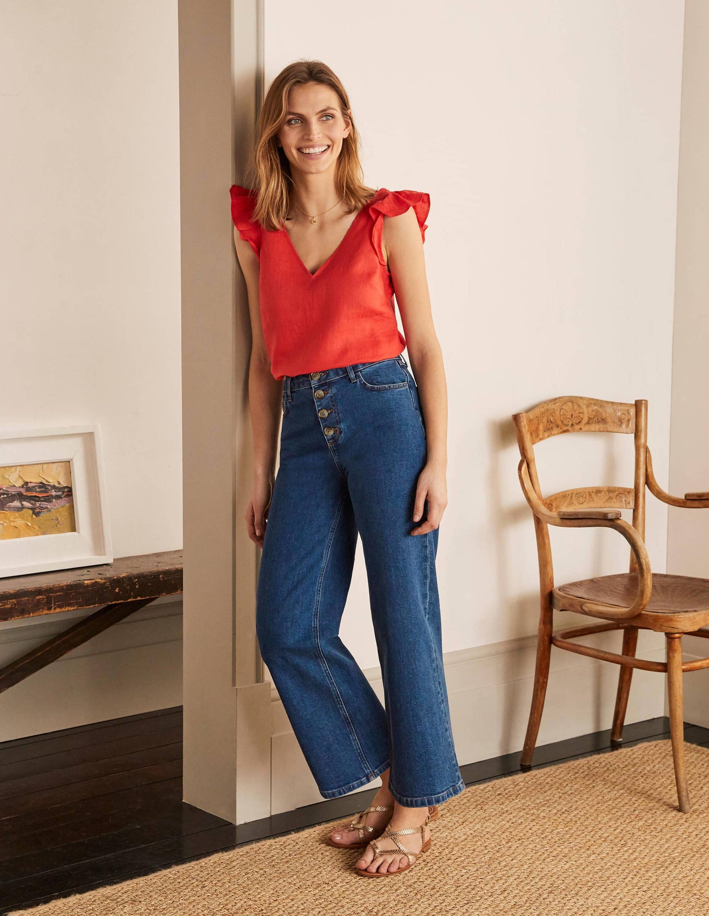 Horn Button Wide Leg Jeans-Mid Vintage Denim