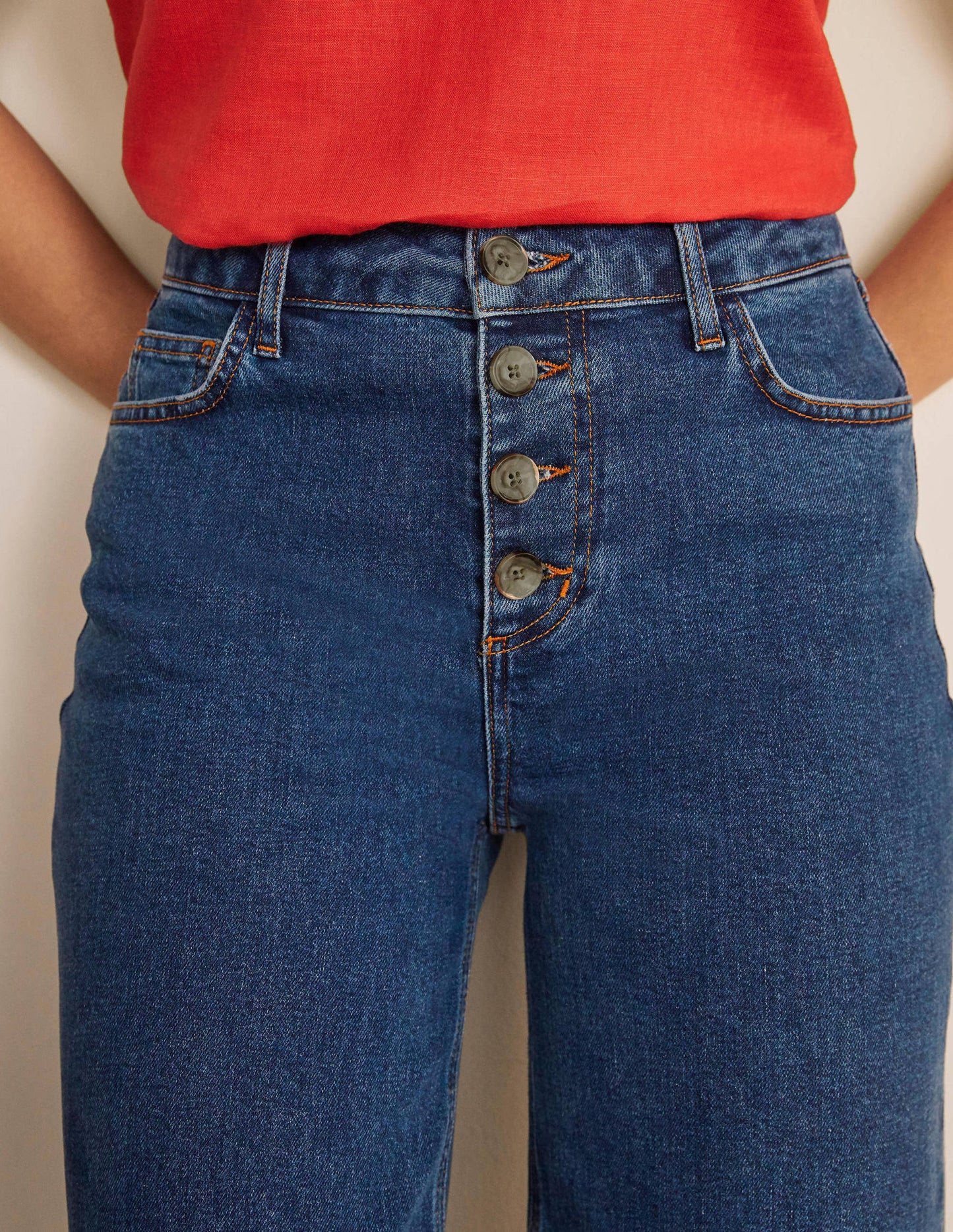 Horn Button Wide Leg Jeans-Mid Vintage Denim