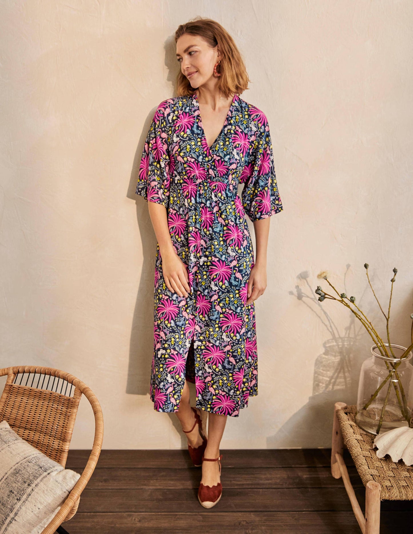 Betsy Midi Dress-Black, Tropical Charm