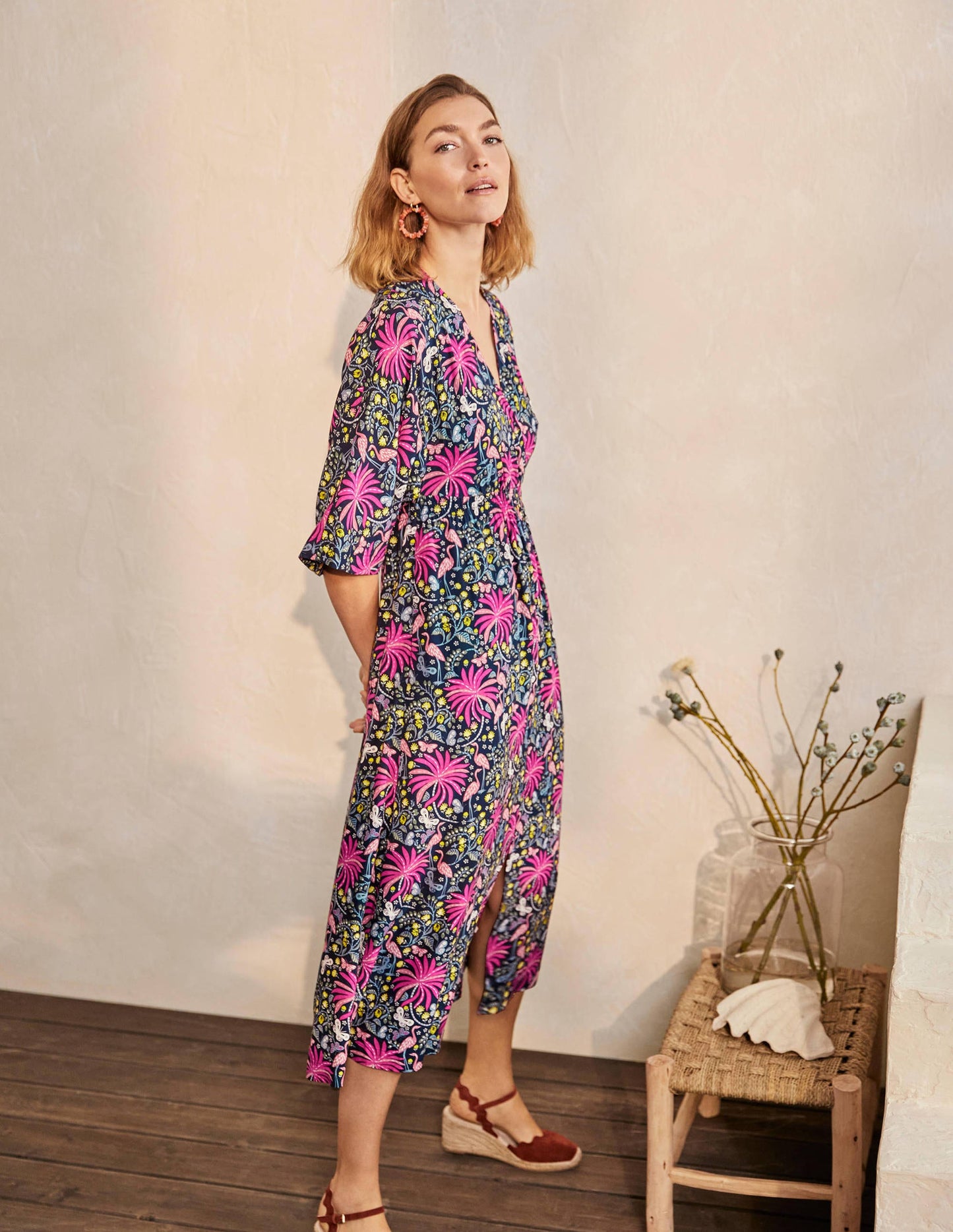 Betsy Midi Dress-Black, Tropical Charm