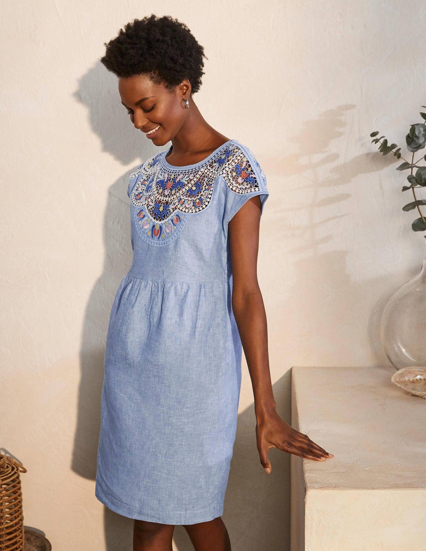 Fleur Embroidered Linen Dress-Grey Blue Chambray