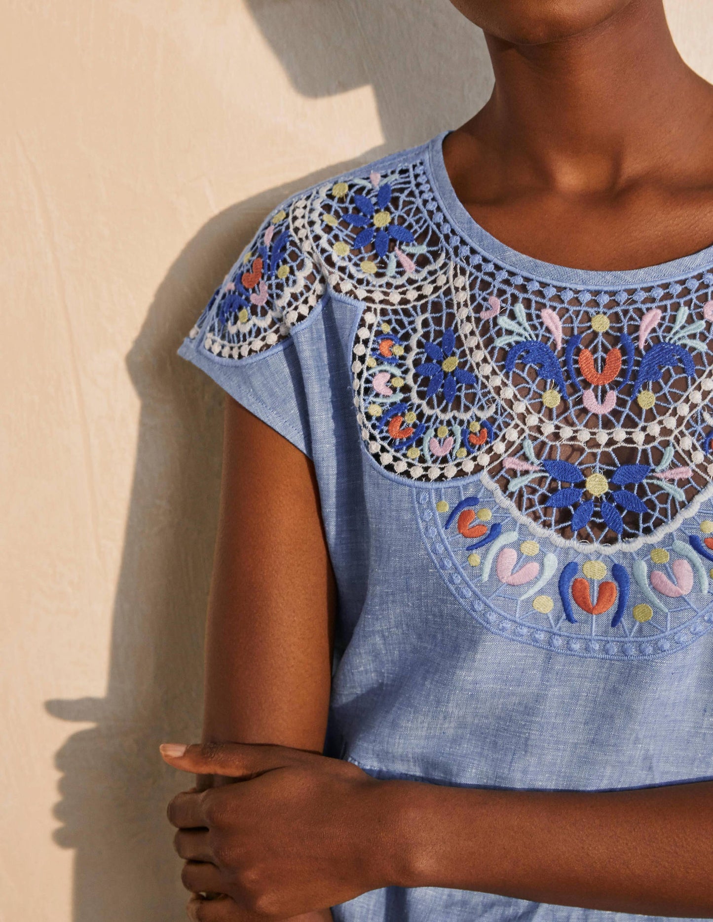 Fleur Embroidered Linen Dress-Grey Blue Chambray