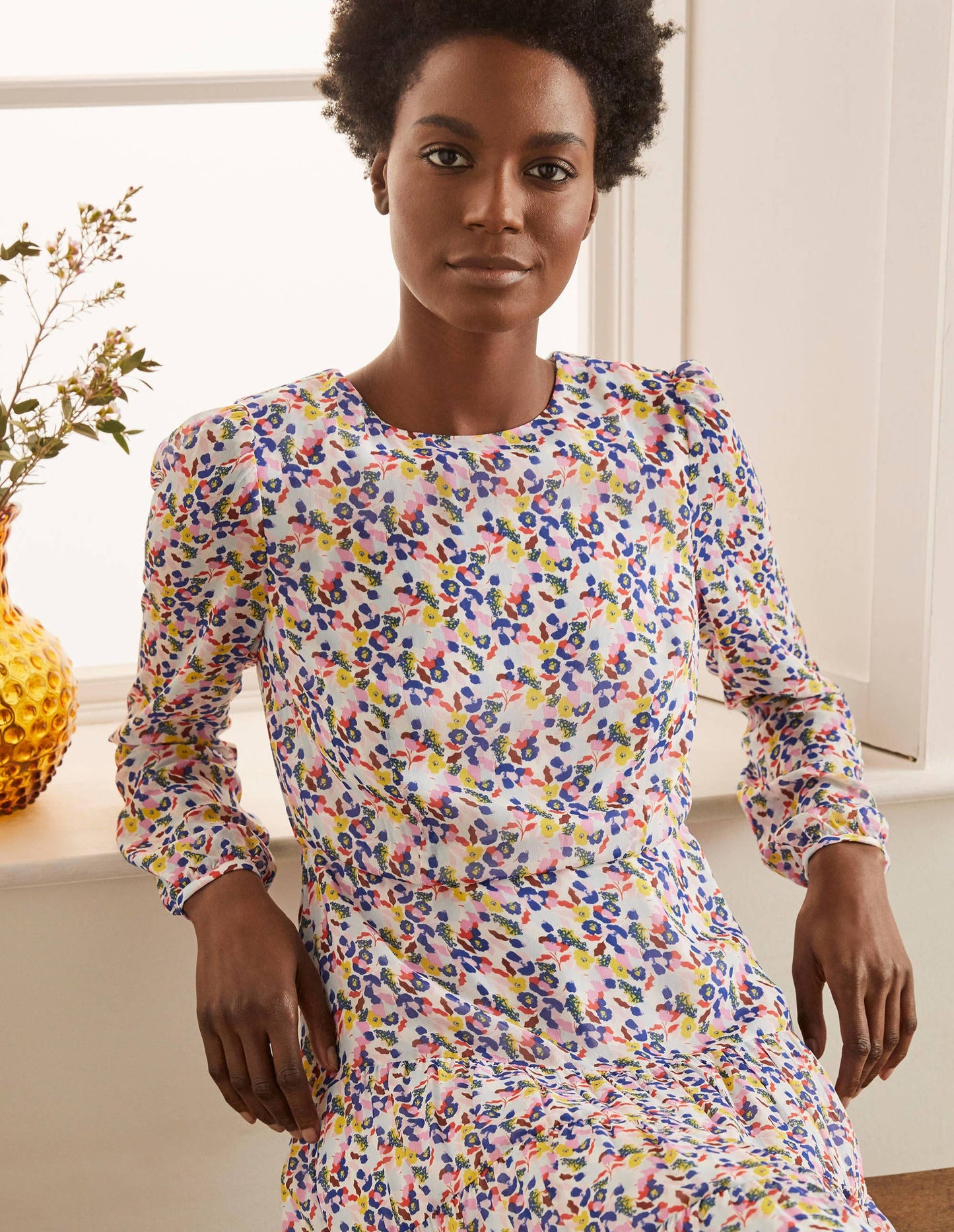 Annie Tiered Midi Dress-Ivory, Peony Burst Small