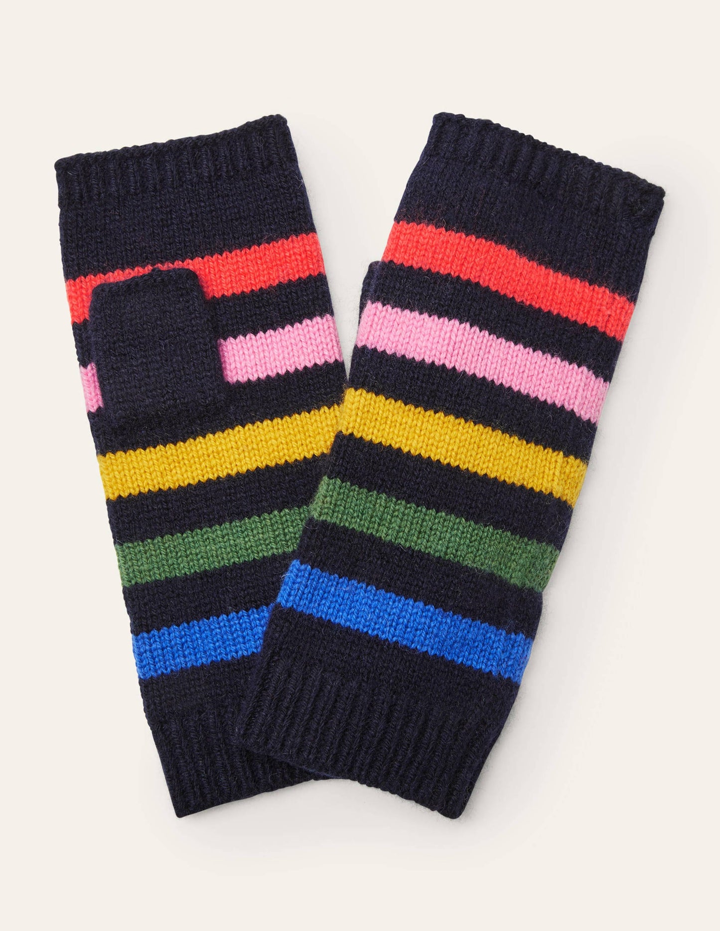 Knitted Fingerless Gloves-Navy, Multi Stripe