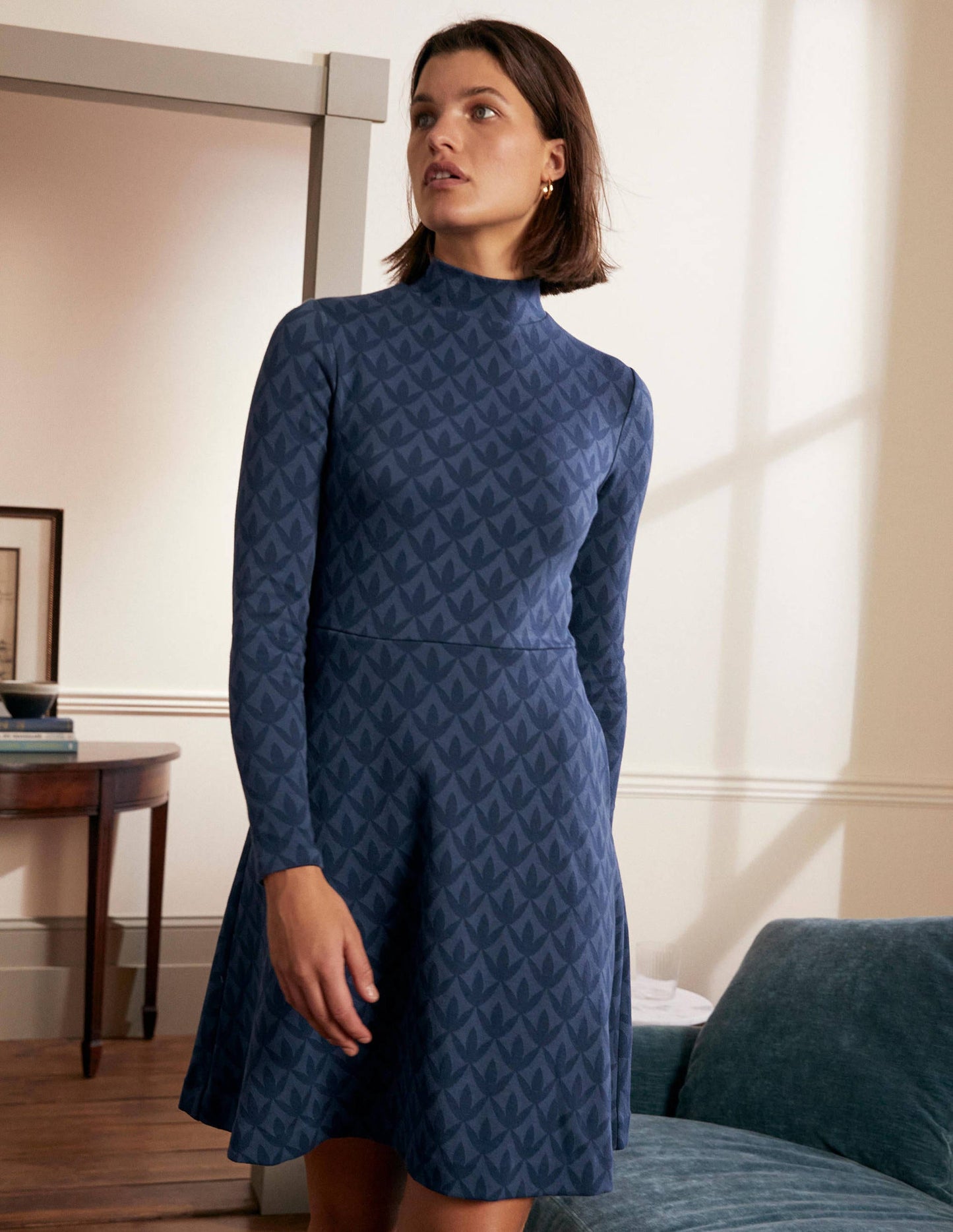 High Neck Jacquard Dress-Night Blue, Petal Geo